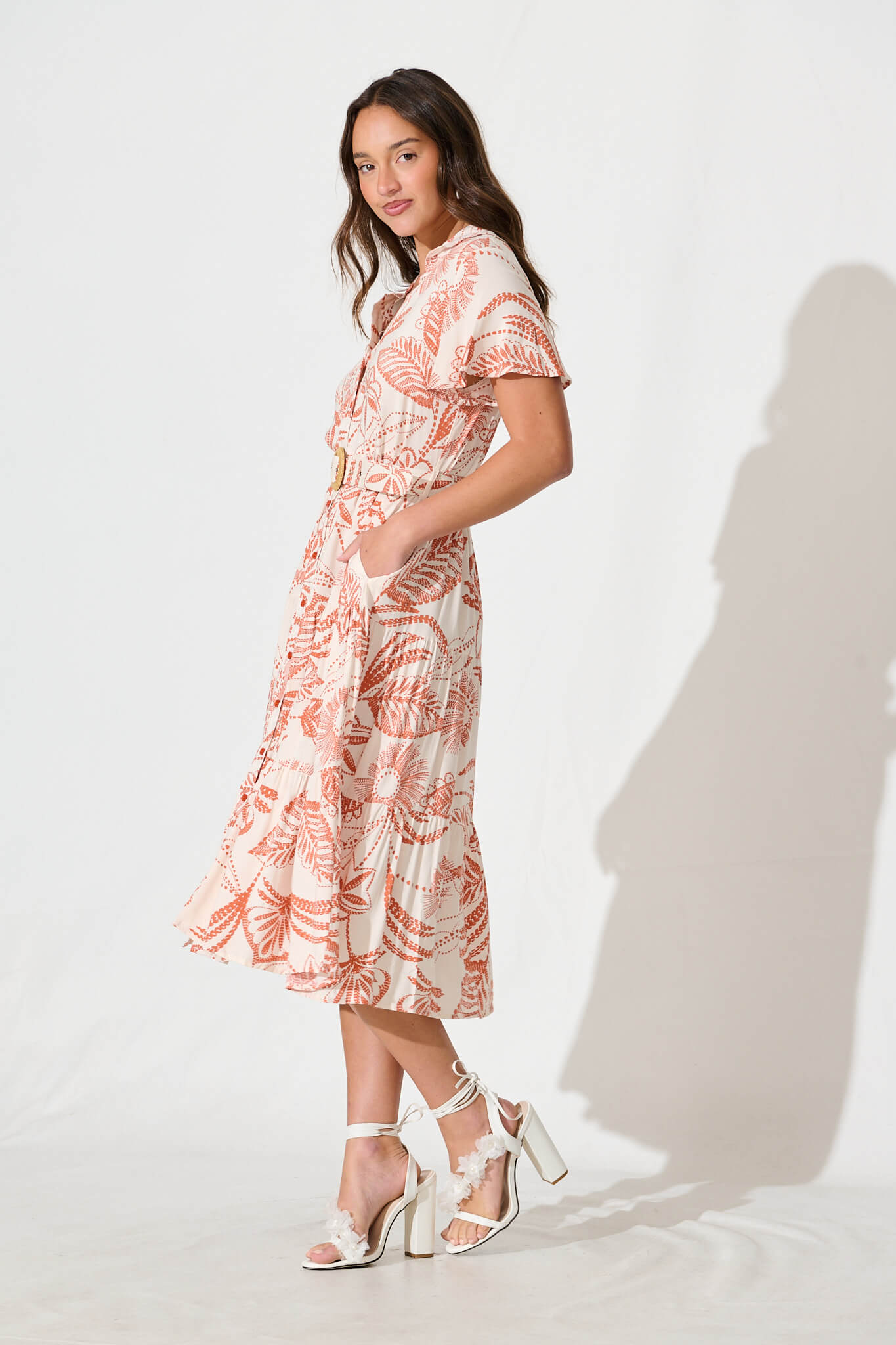 Samsara Midi Shirt Dress in Cream with Rust