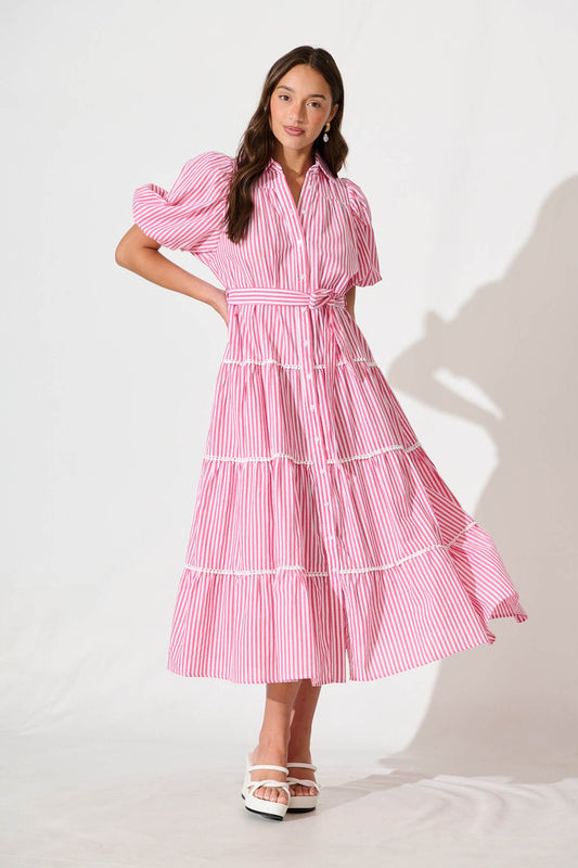 Riverina Midi Shirt Dress in Pink with White Stripe Cotton