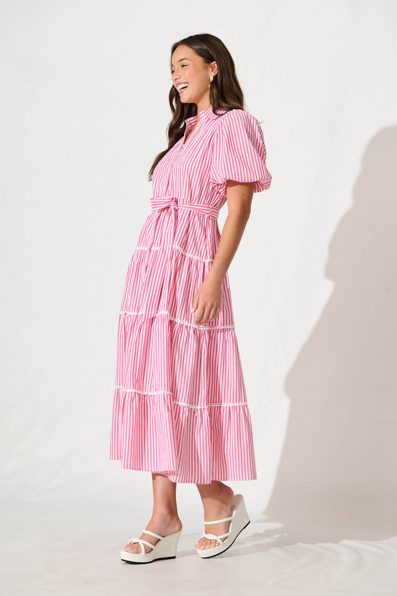 Riverina Midi Shirt Dress in Pink with White Stripe Cotton