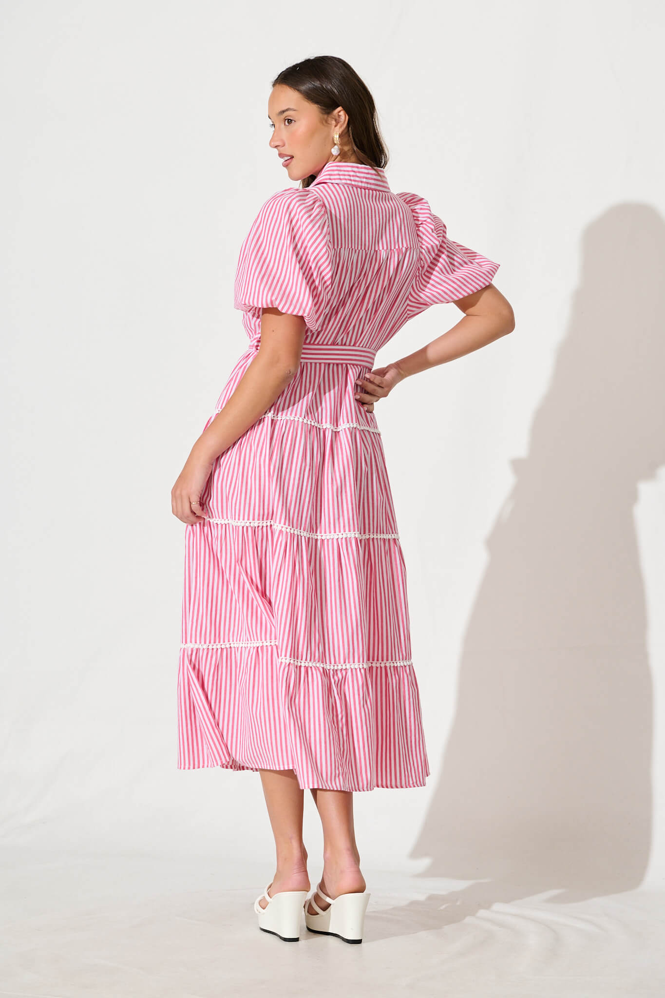 Riverina Midi Shirt Dress in Pink with White Stripe Cotton