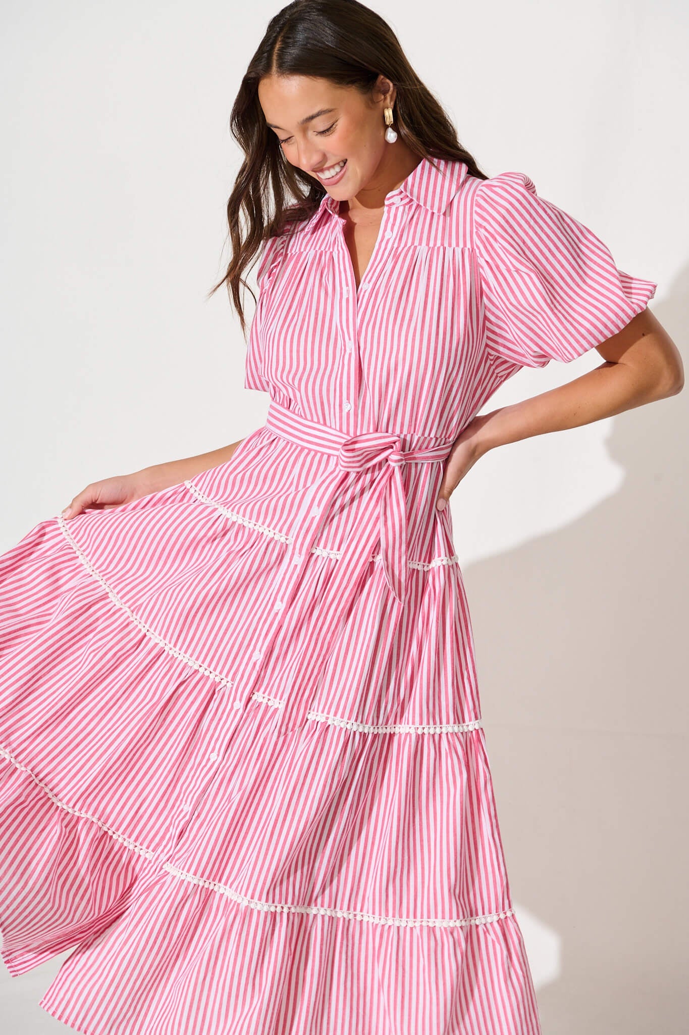 Riverina Midi Shirt Dress in Pink with White Stripe Cotton