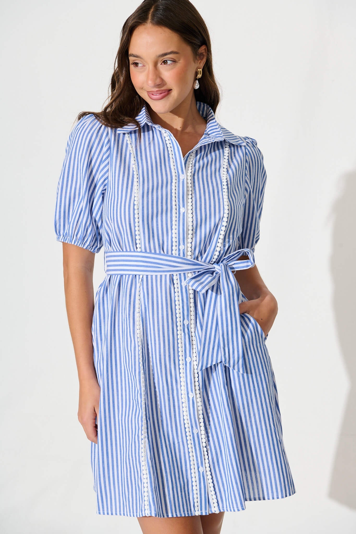 Sundara Shirt Dress in Blue with White Stripe Cotton