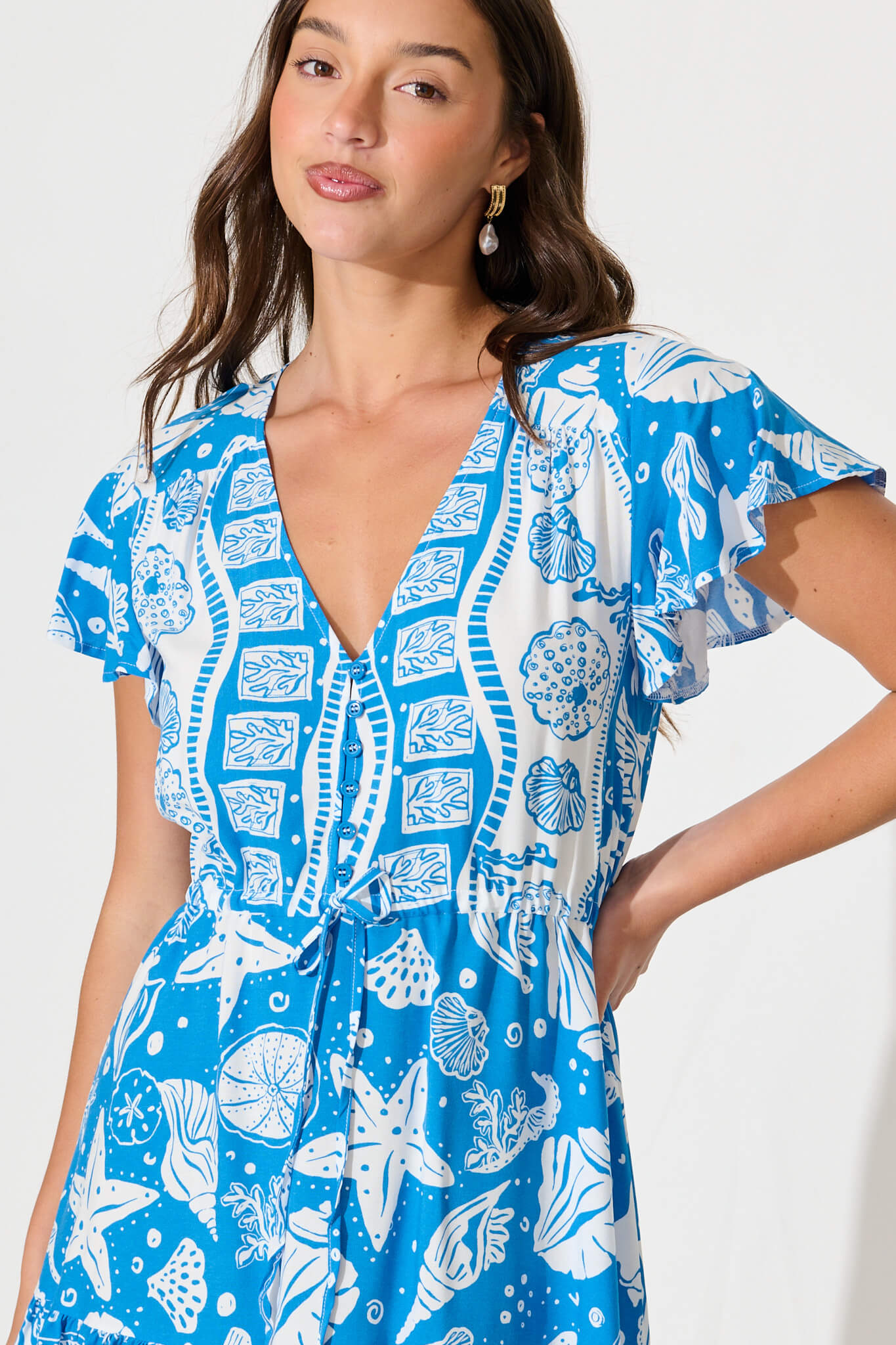 Kimbra Dress In Blue and White Shell Print