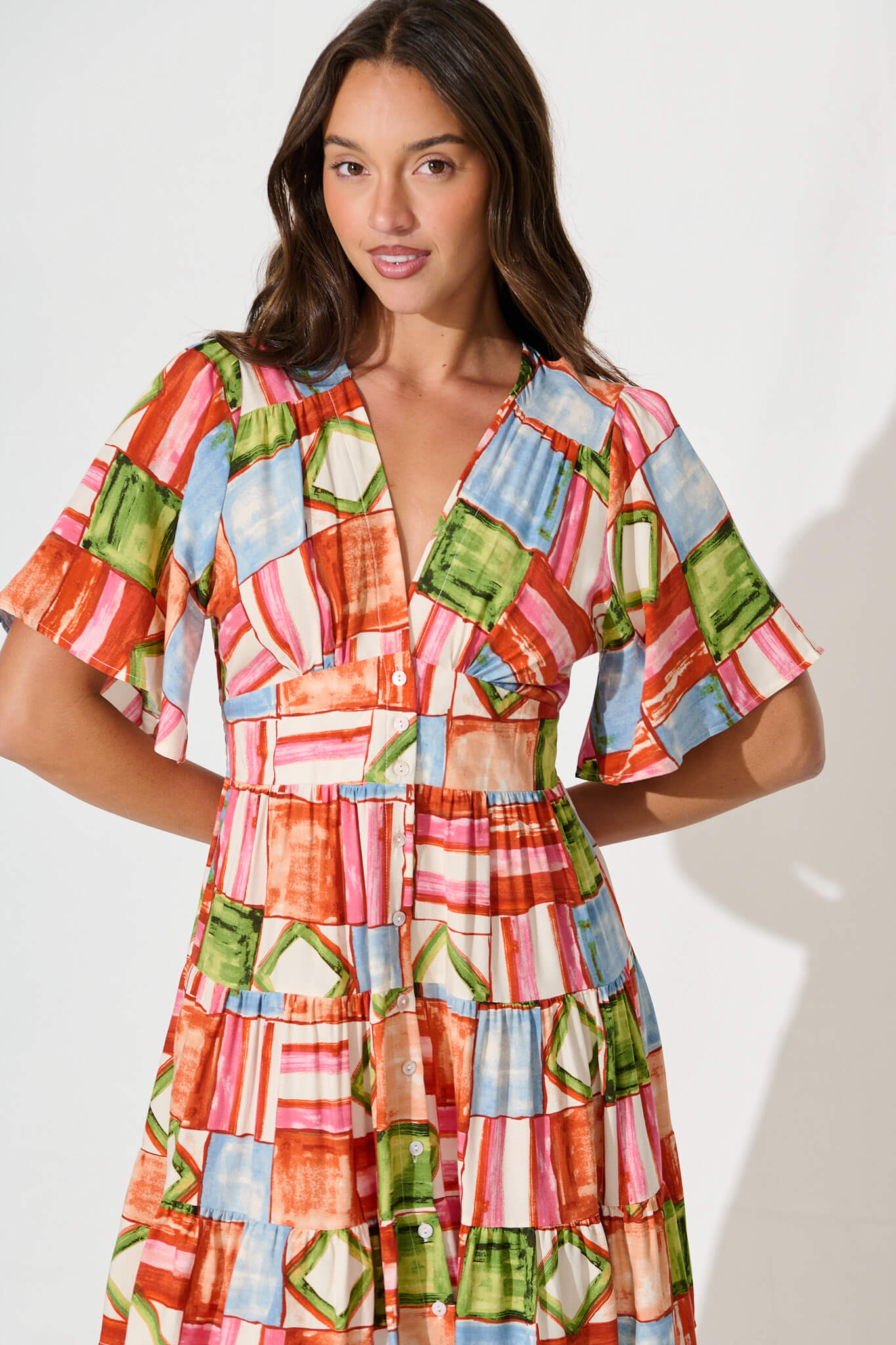 Ailish Dress In Rust Multi Squares Print