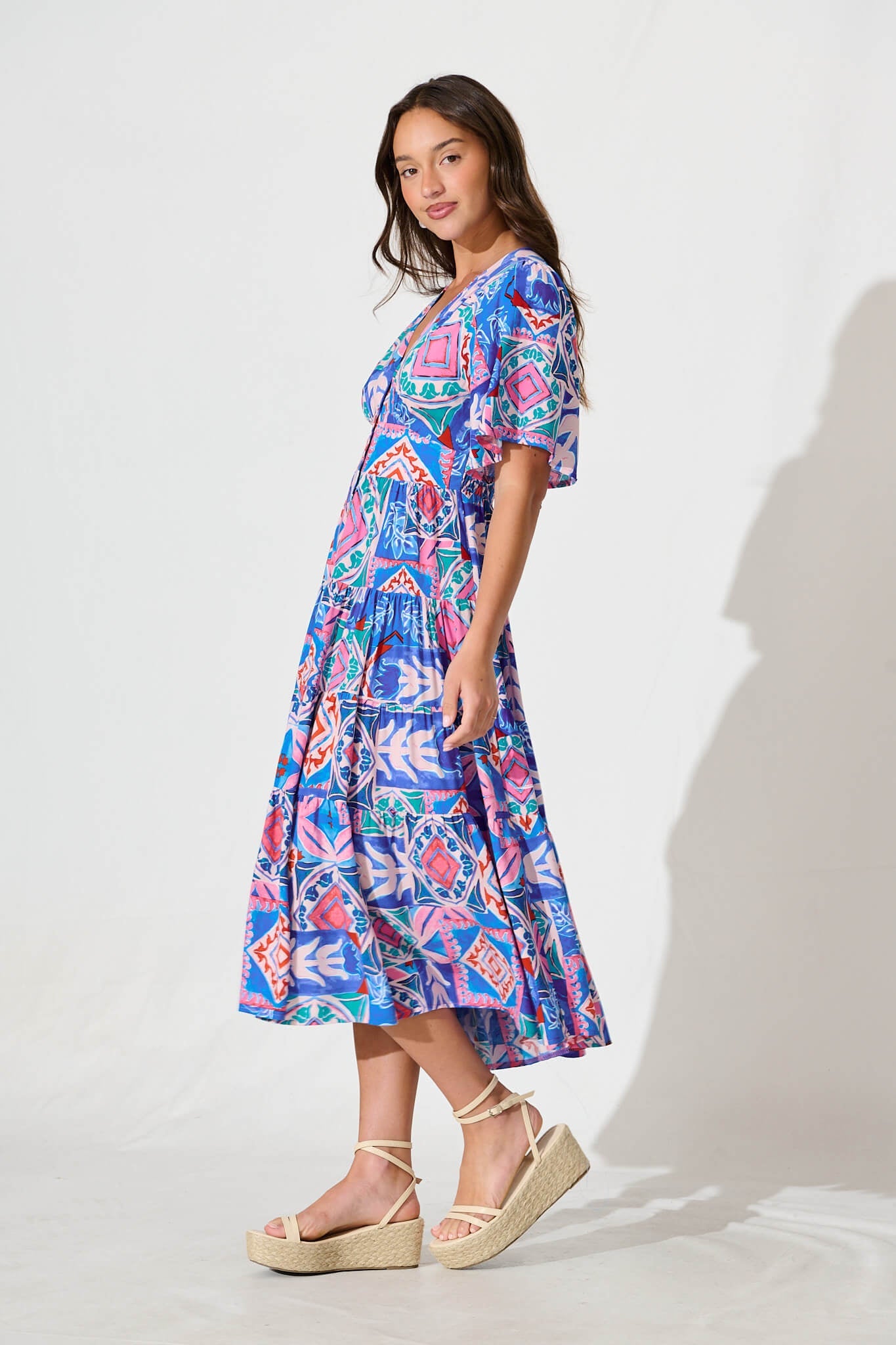 Awayday Midi Dress In Pink and Blue Multi Print