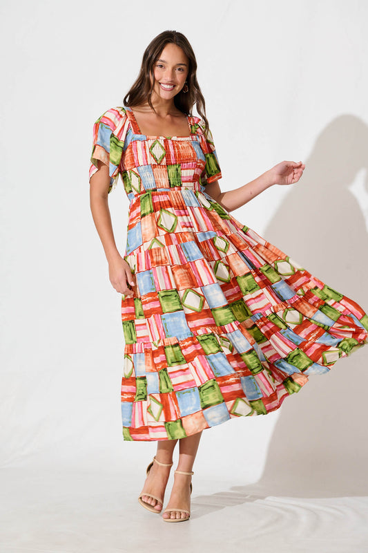 Jessica Midi Dress in Rust Multi Squares Print