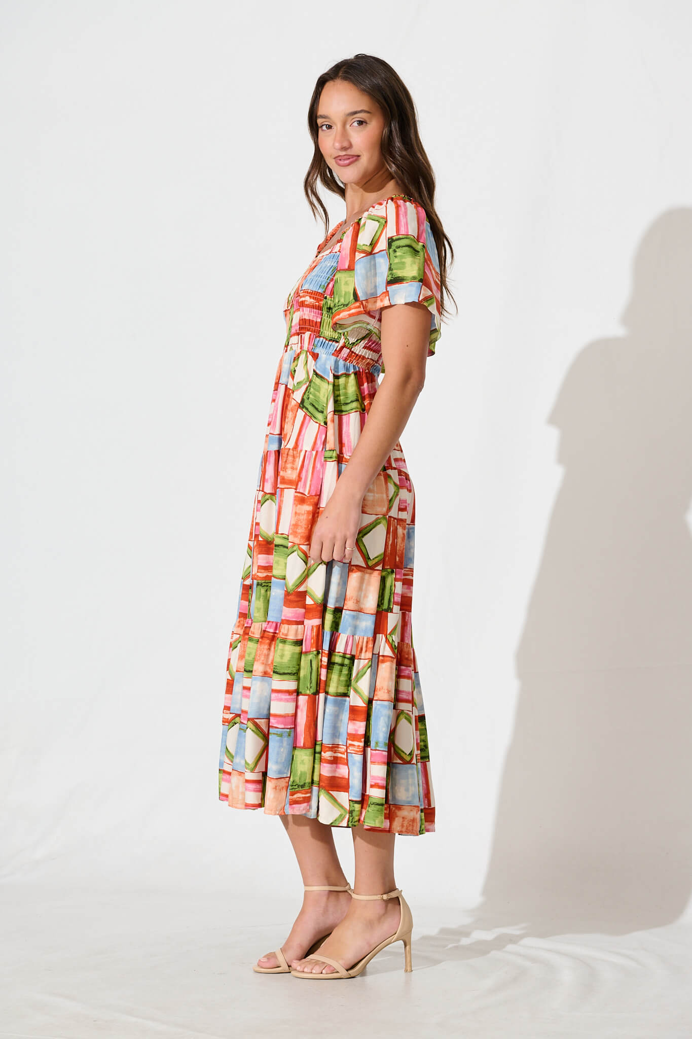 Jessica Midi Dress in Rust Multi Squares Print