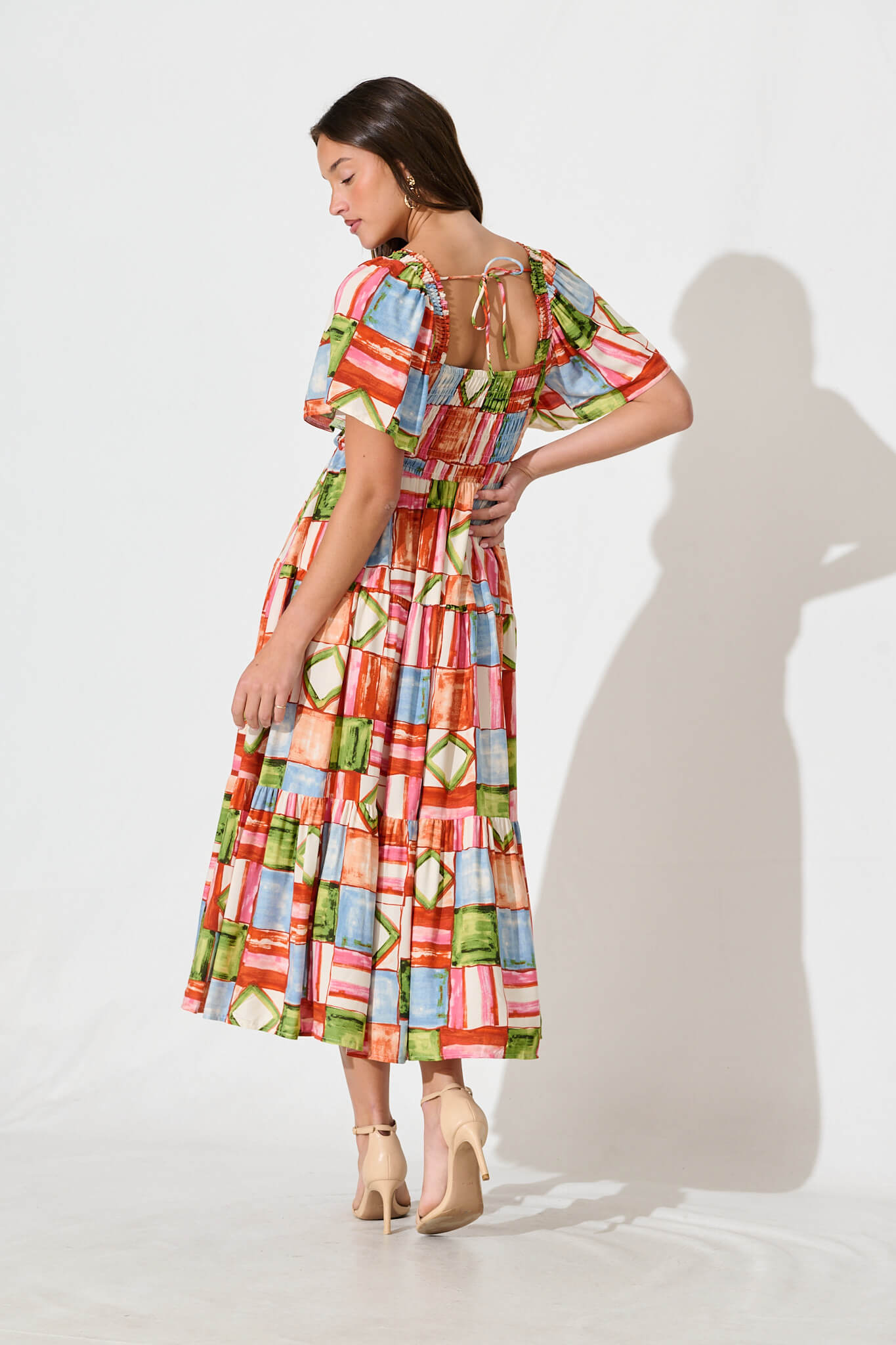 Jessica Midi Dress in Rust Multi Squares Print