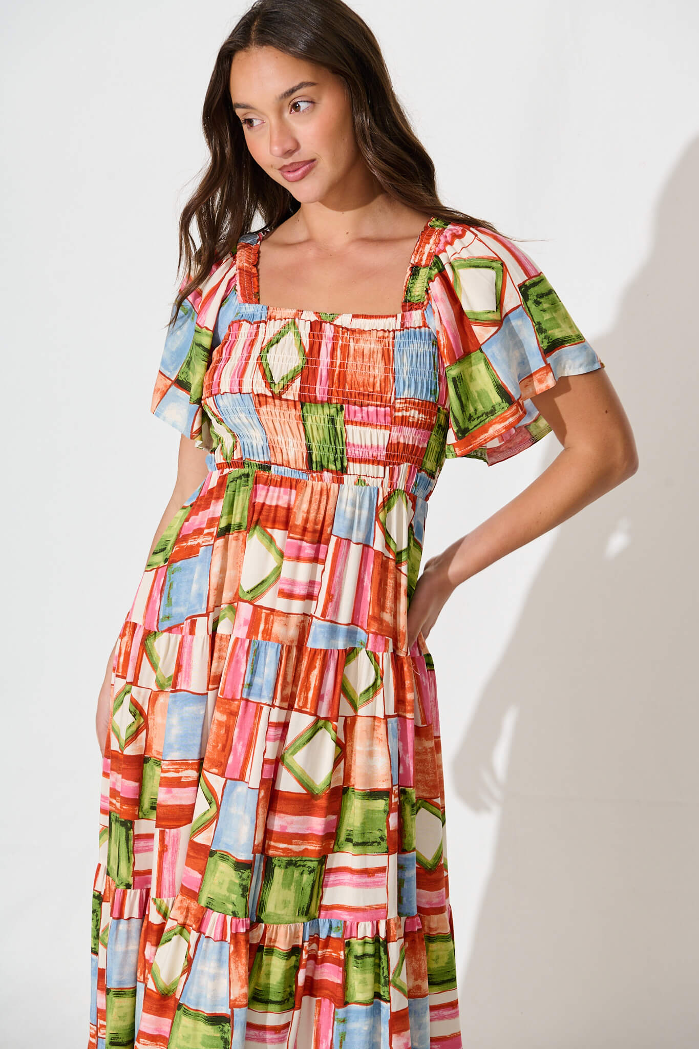 Jessica Midi Dress in Rust Multi Squares Print