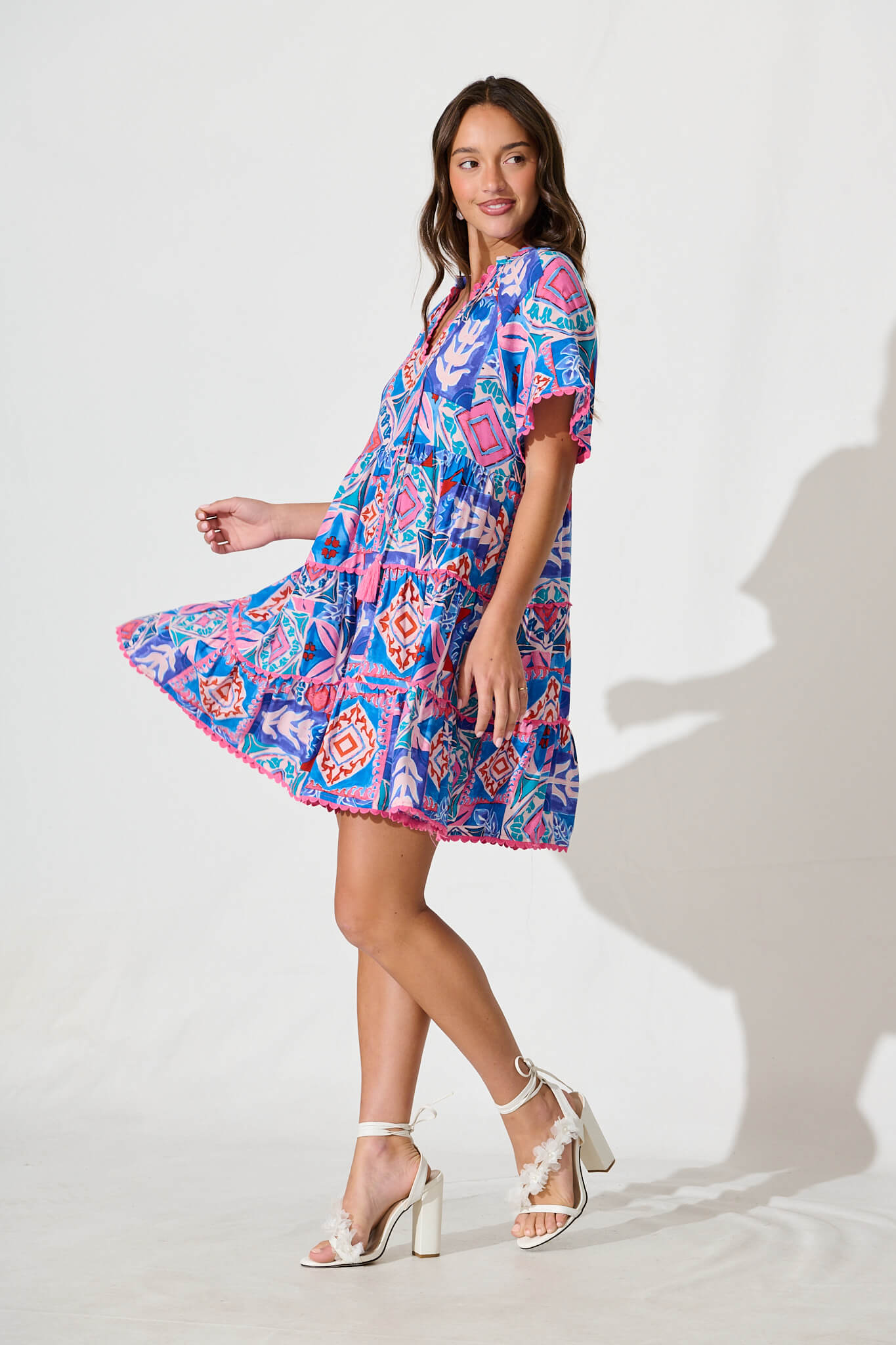 Rodine Smock Dress in Pink and Blue Multi with Contrast trim