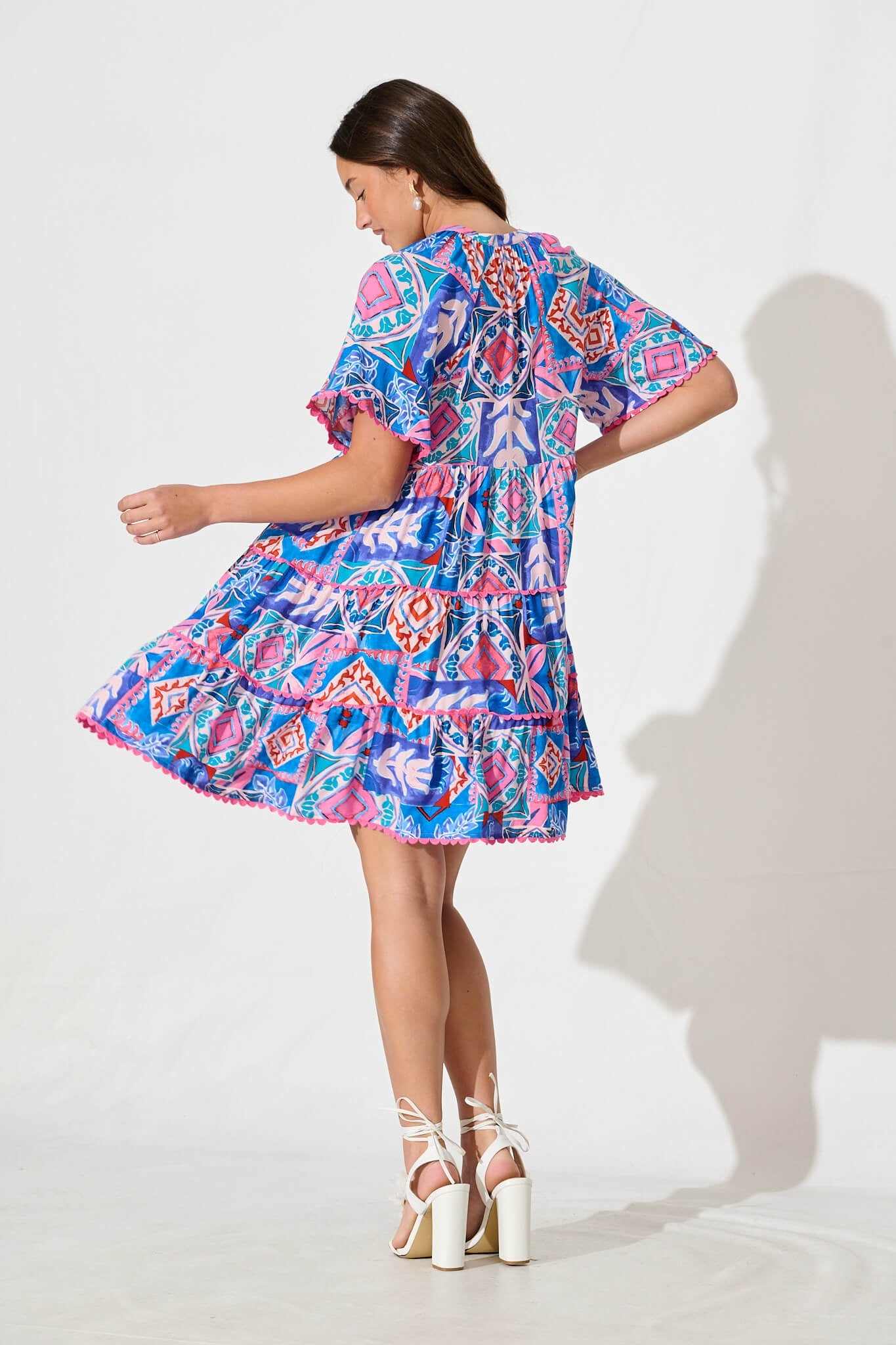 Rodine Smock Dress in Pink and Blue Multi with Contrast trim
