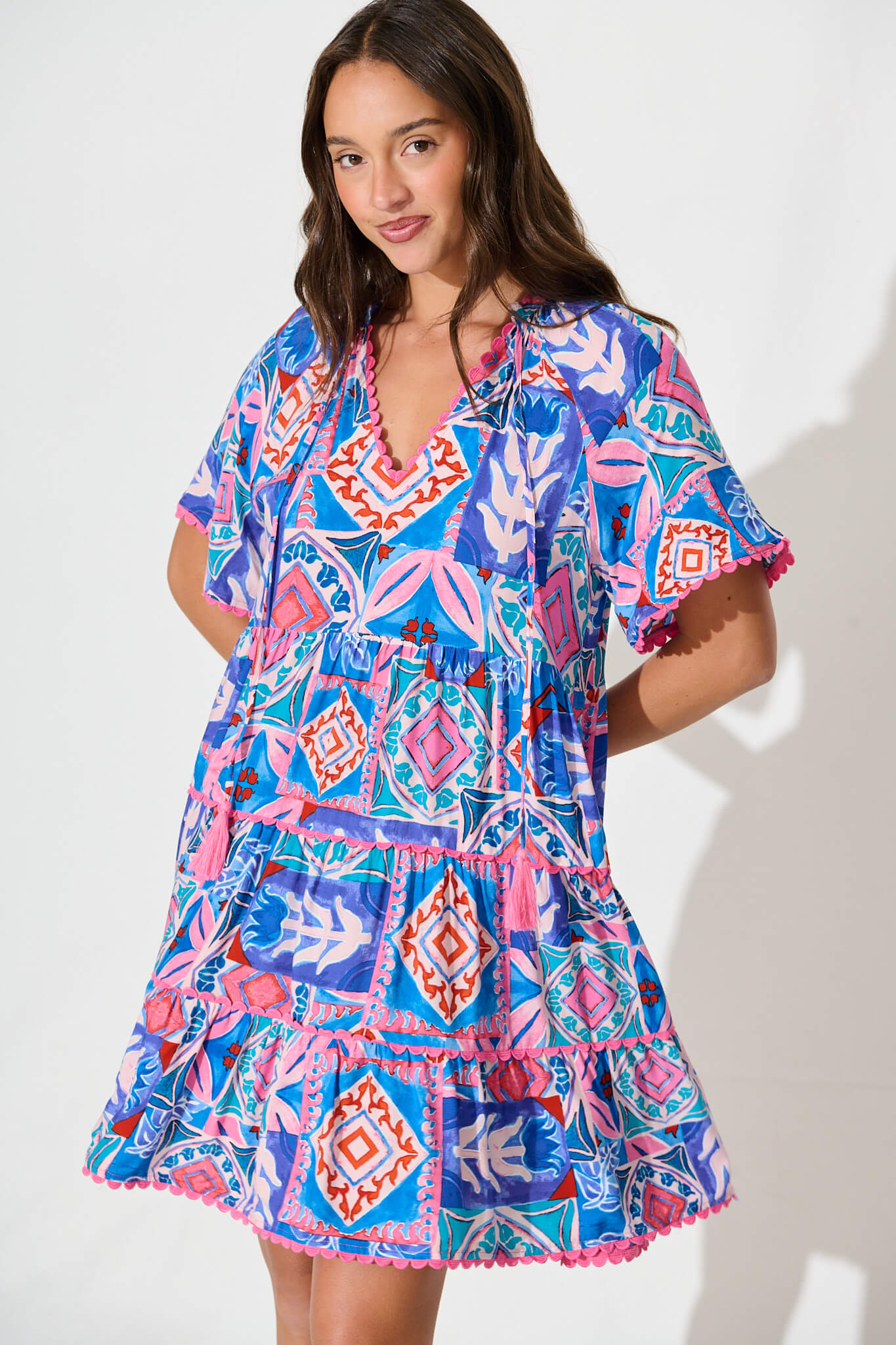 Rodine Smock Dress in Pink and Blue Multi with Contrast trim