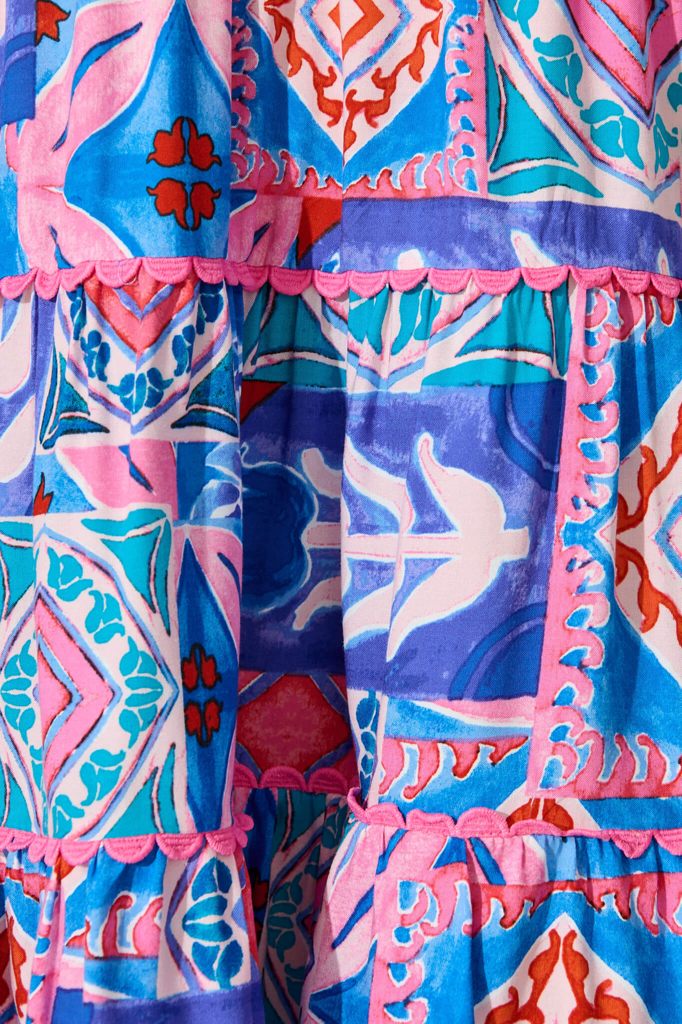 Rodine Smock Dress in Pink and Blue Multi with Contrast trim