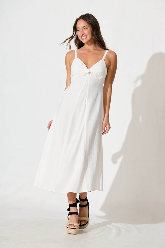 Roselani Midi Sundress in White Cotton Linen Blend
