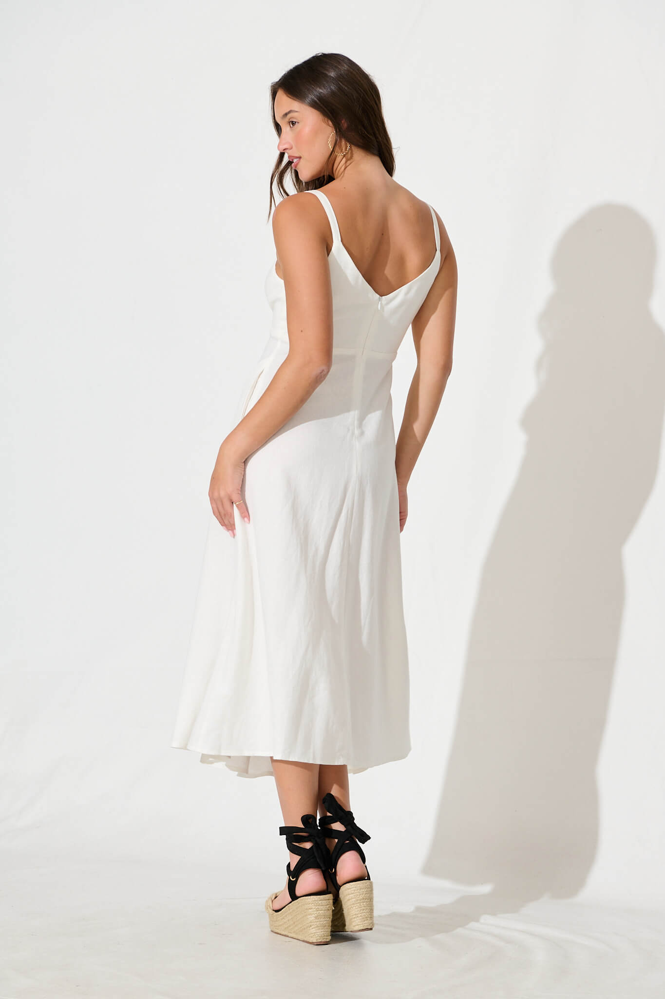 Roselani Midi Sundress in White Cotton Linen Blend