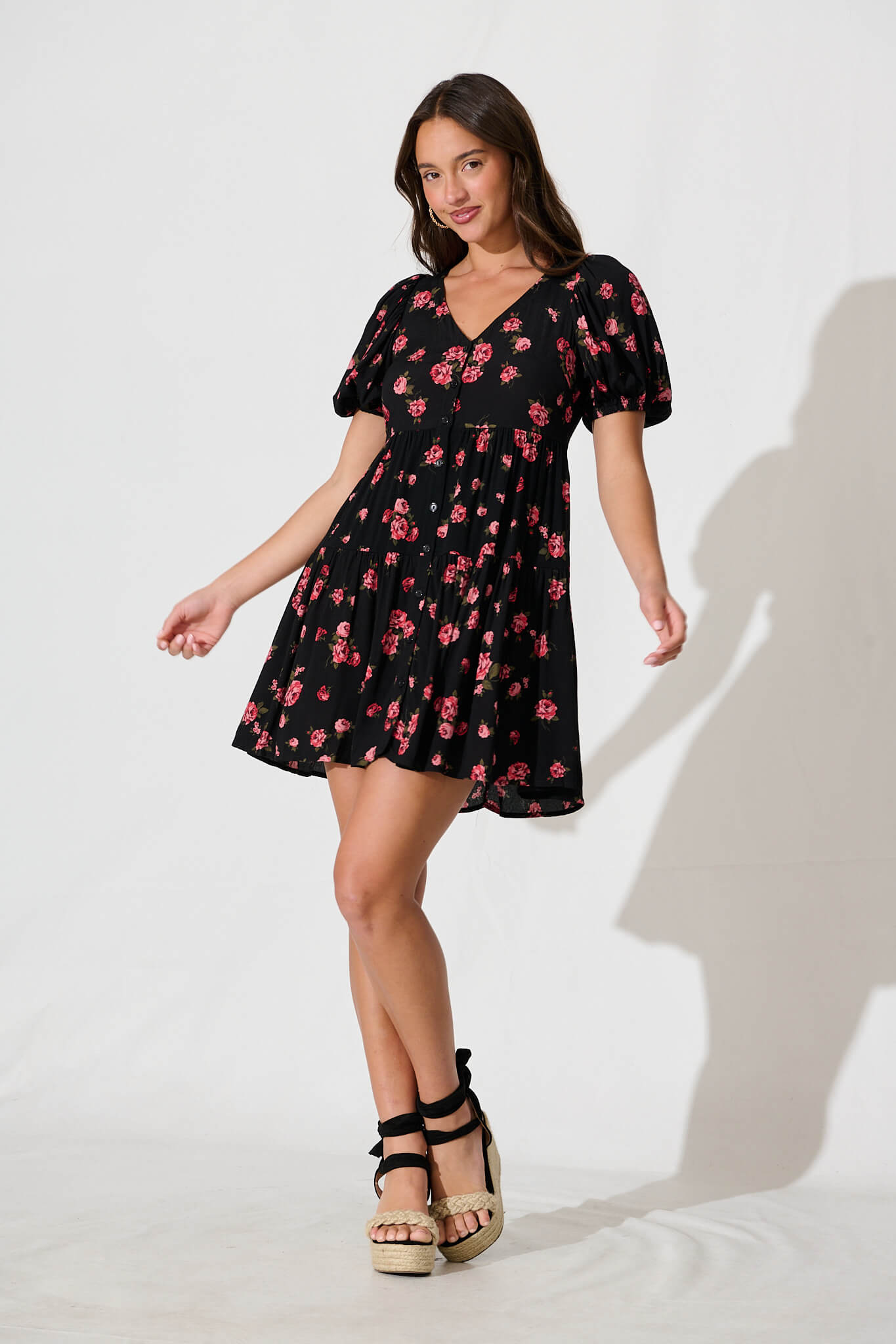 Anvi Dress in Black with Red Floral