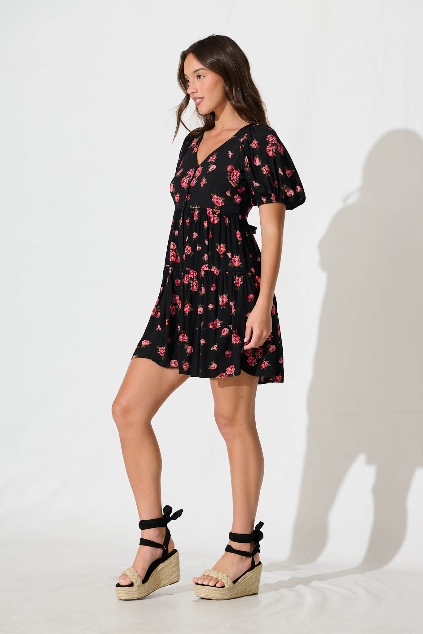 Anvi Dress in Black with Red Floral