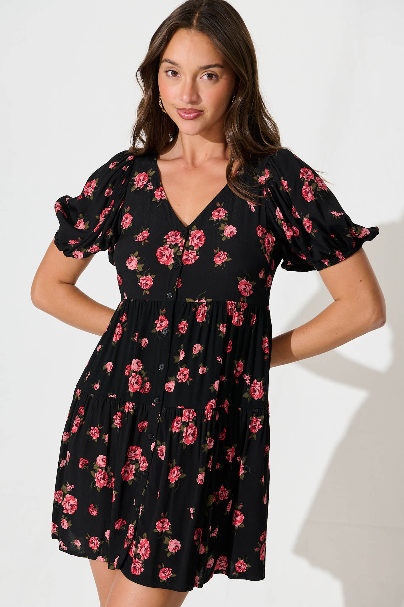 Anvi Dress in Black with Red Floral
