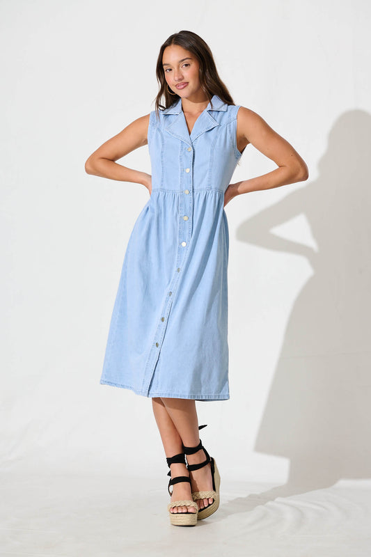 In Love Midi Shirt Dress in Light Blue Denim