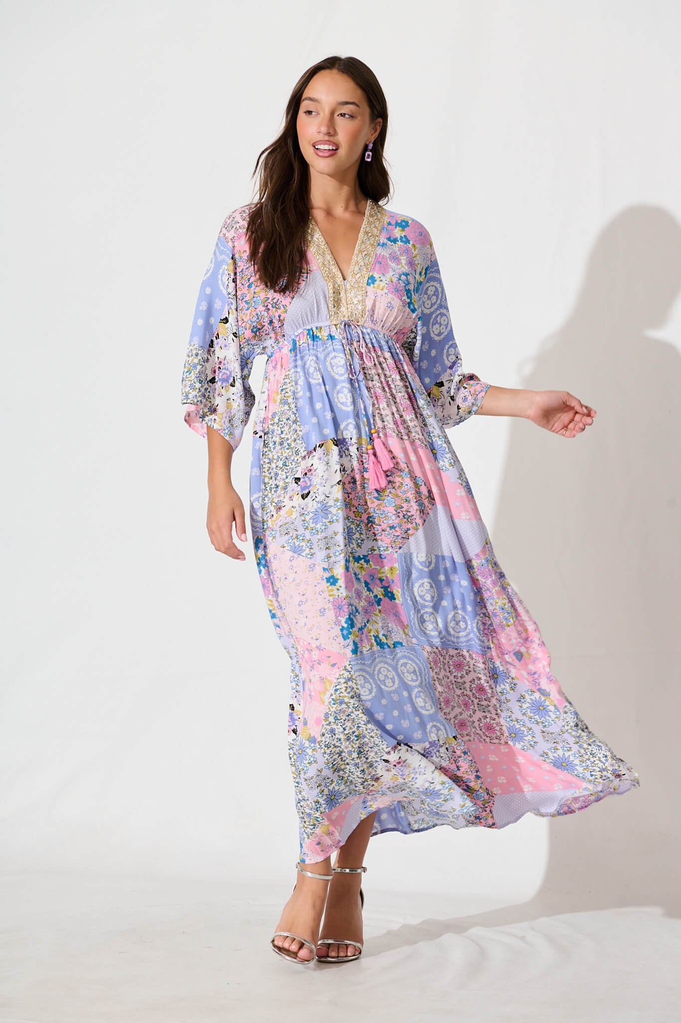 Janeve Maxi Dress in Pink with Blue Patchwork Print