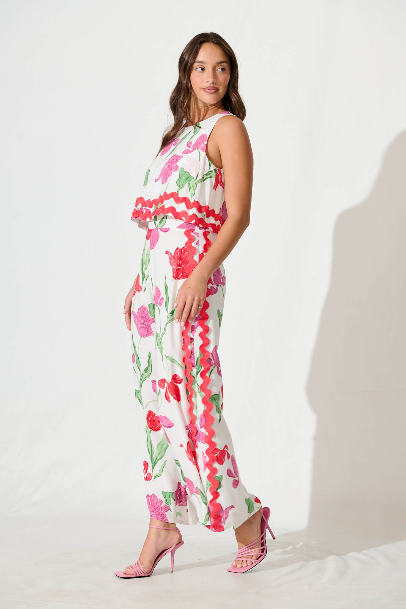 Sandbar Jumpsuit in White with Red and Purple Flower