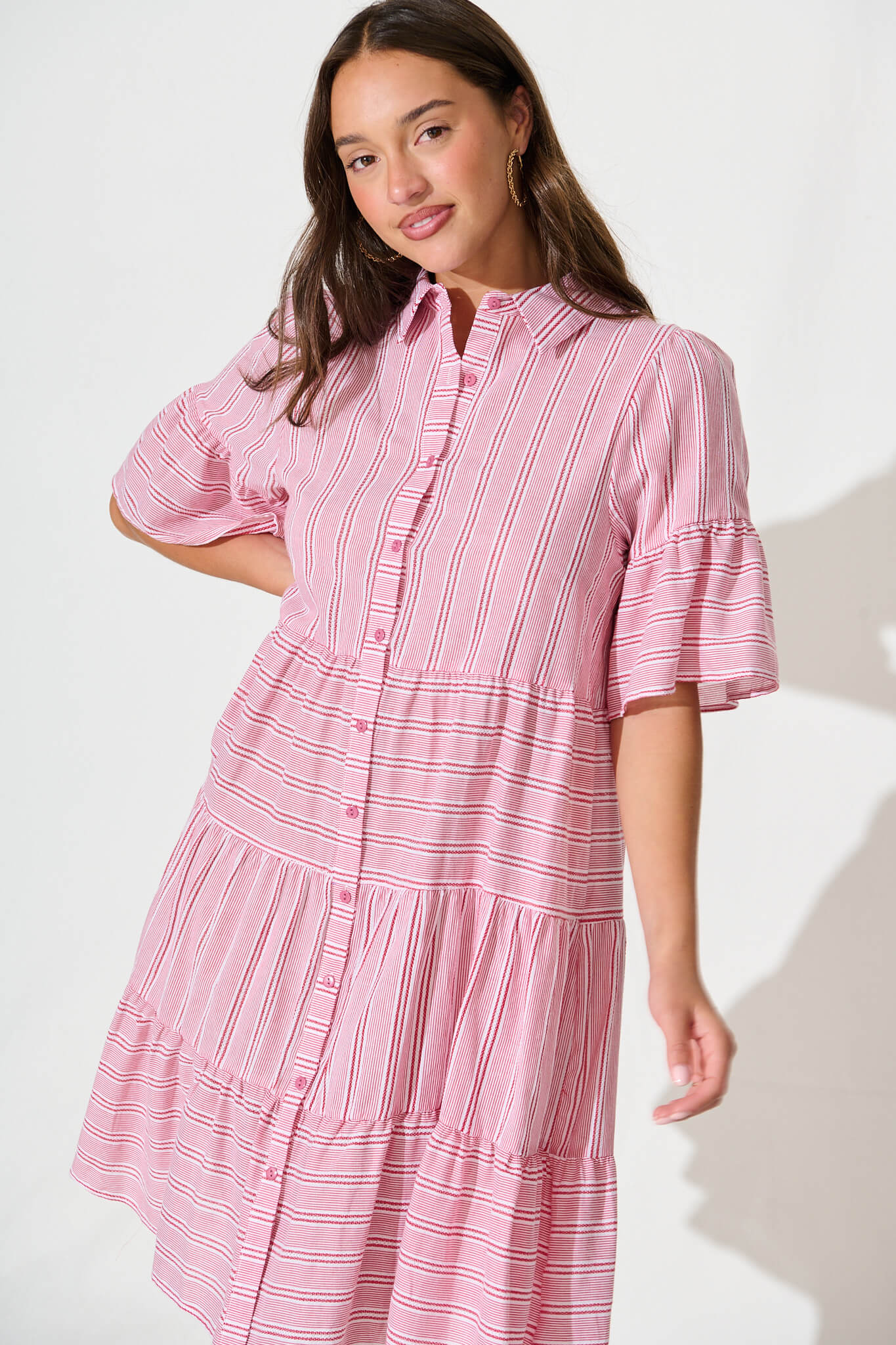 Glorianna Smock Dress In Red With White Stripe Cotton