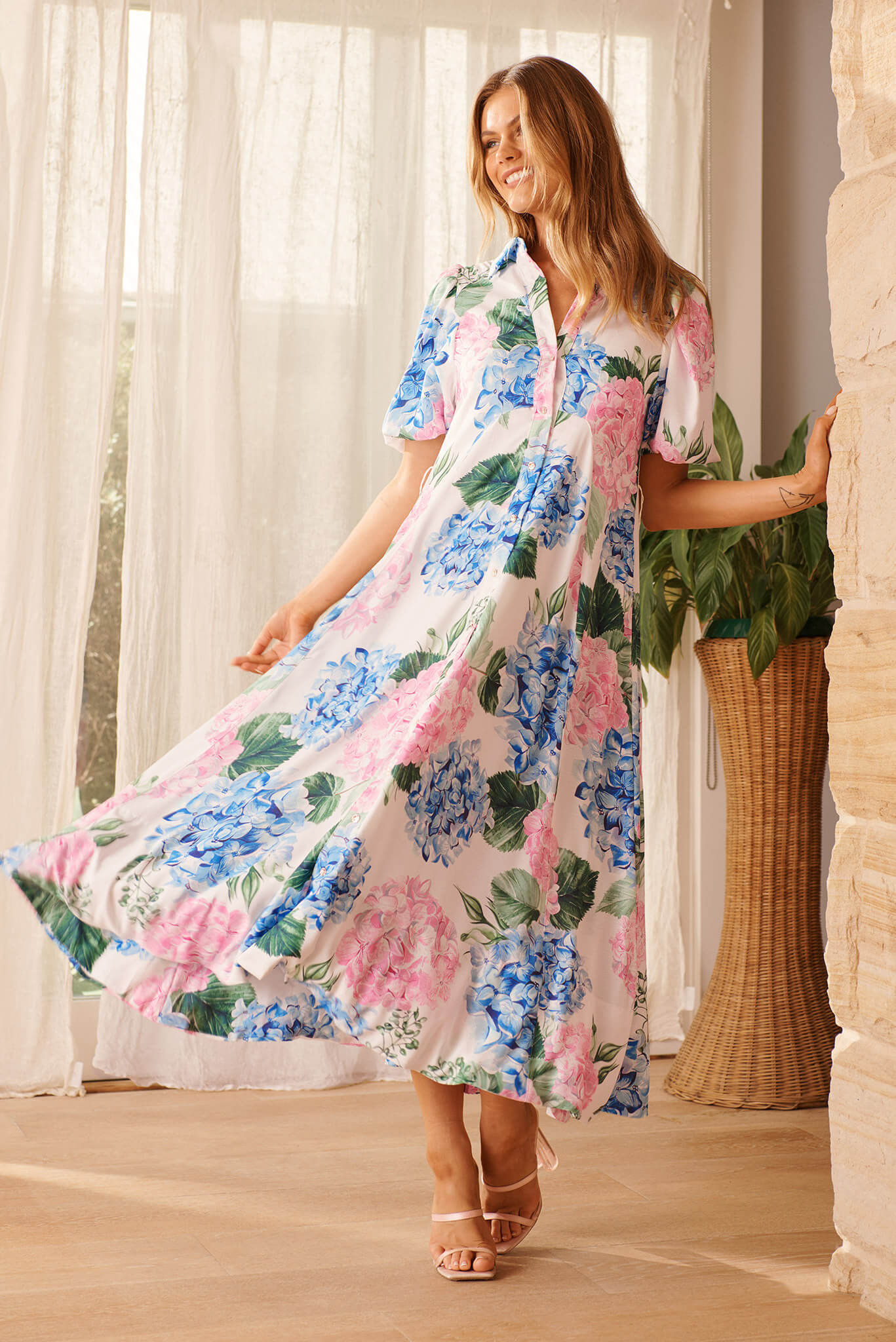 Marella Maxi Shirt Dress In Blue and Pink Floral Linen Blend