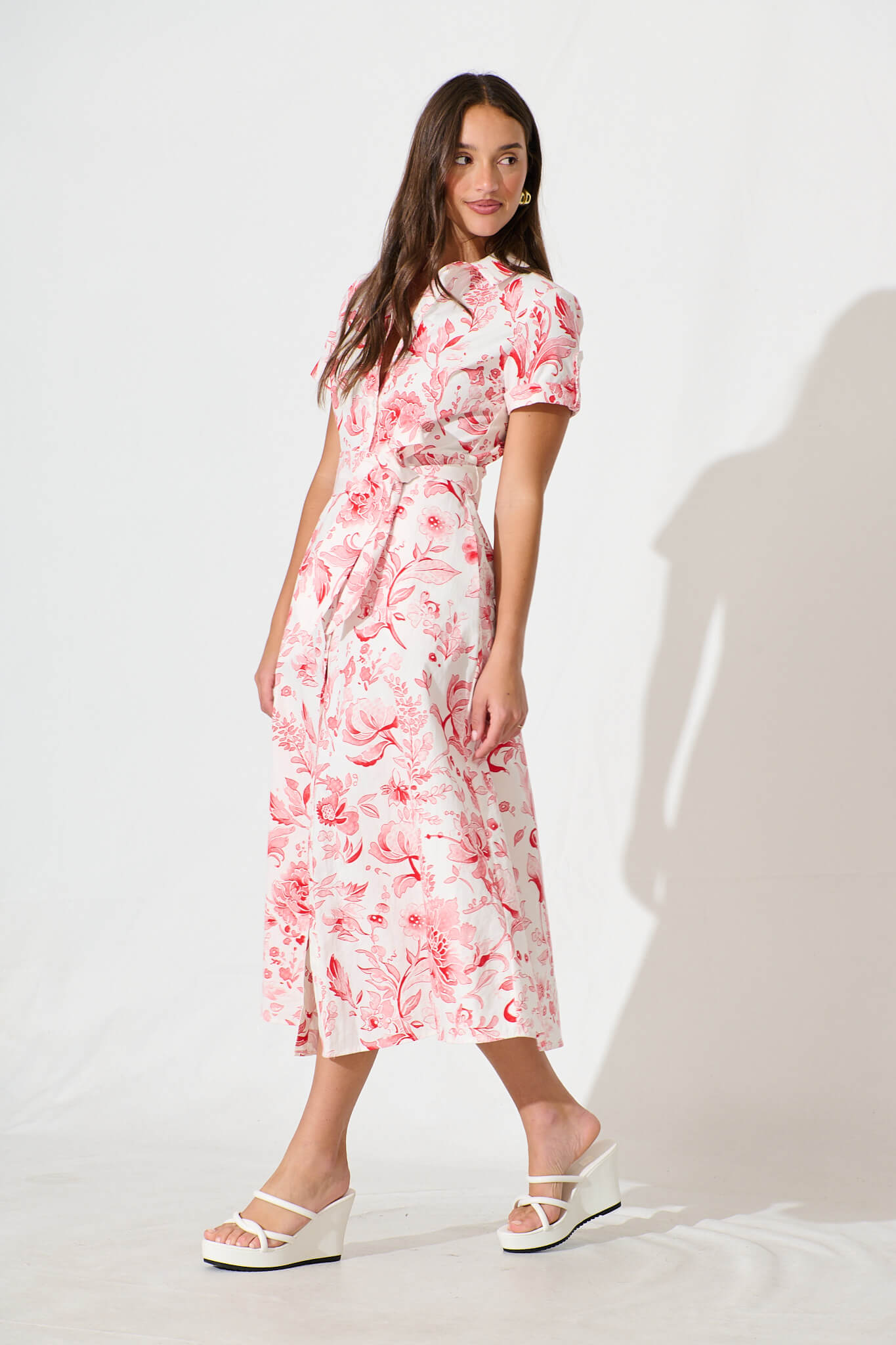 Delphi Midi Shirt Dress in White with Red Floral Cotton