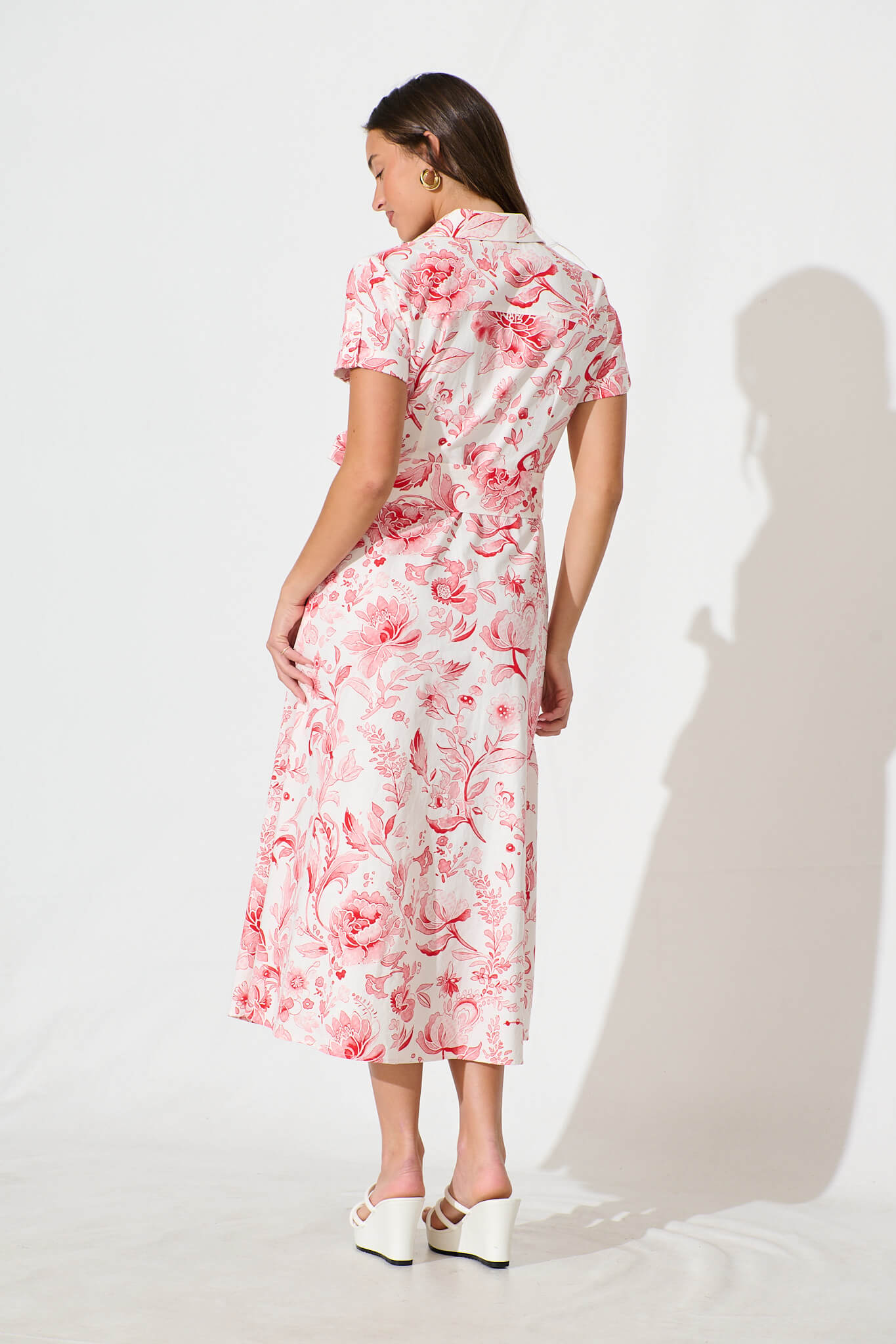 Delphi Midi Shirt Dress in White with Red Floral Cotton