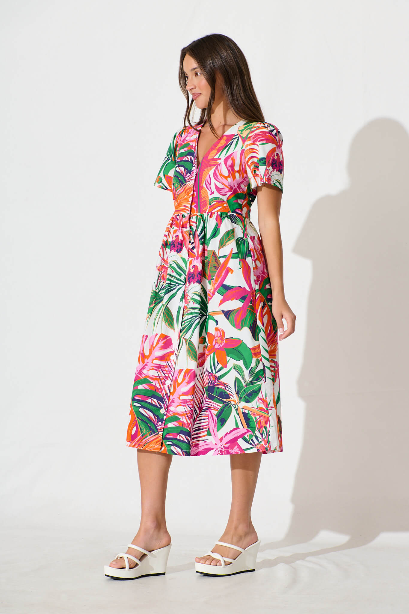 Riello Midi Smock Dress in White with Multi Tropical Cotton