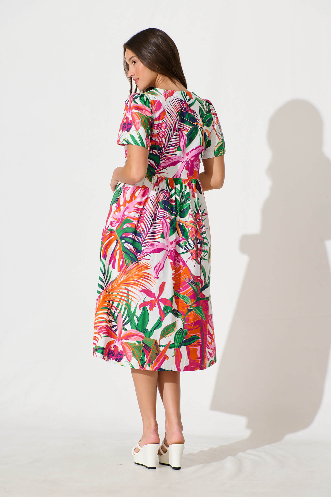 Riello Midi Smock Dress in White with Multi Tropical Cotton