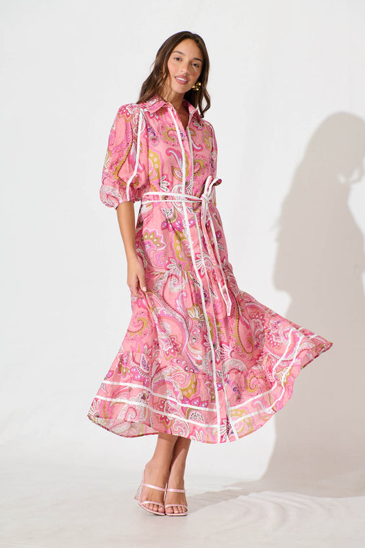 Dion Maxi Shirt Dress In Multi Pink Print