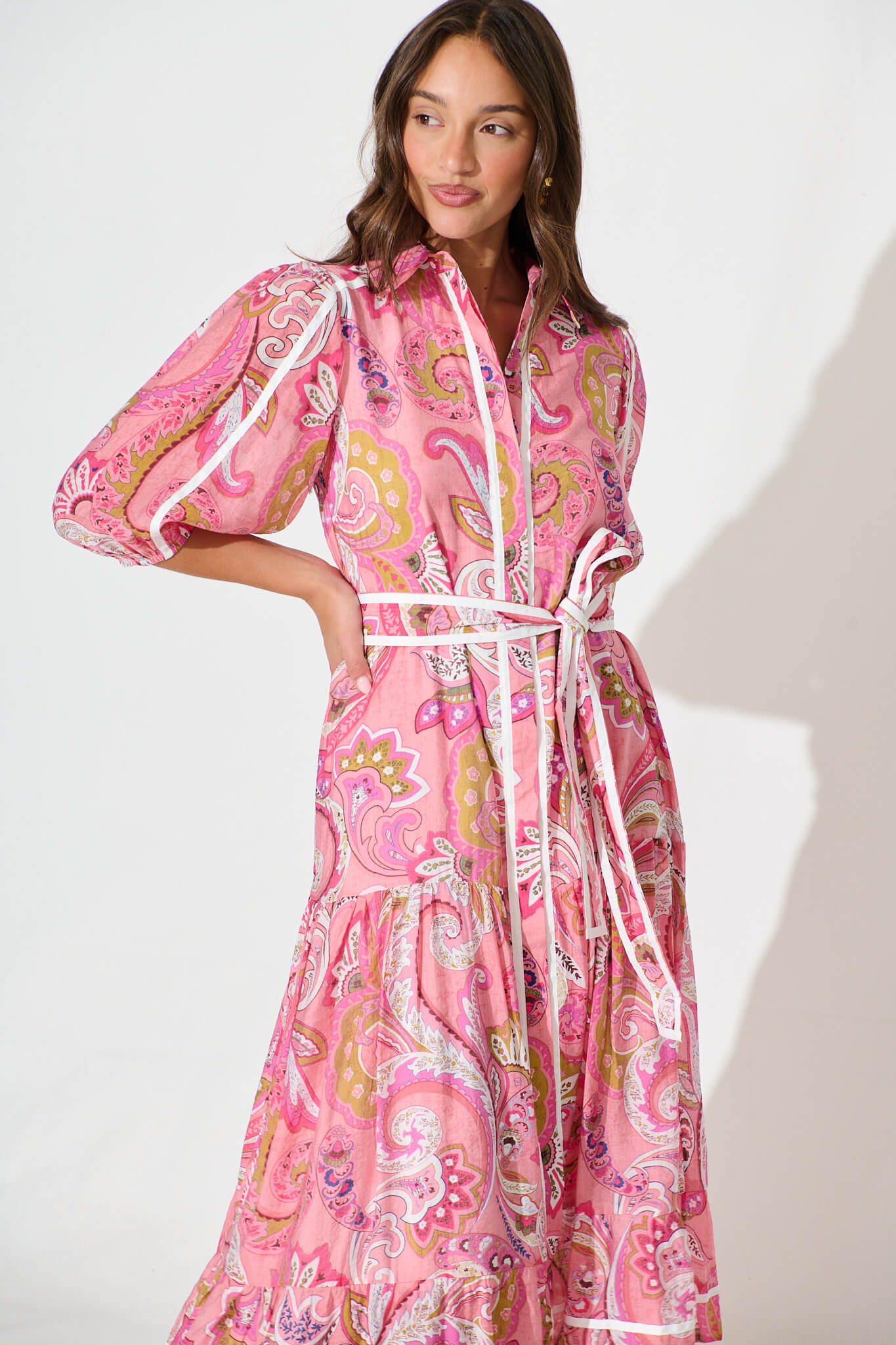 Dion Maxi Shirt Dress In Multi Pink Print