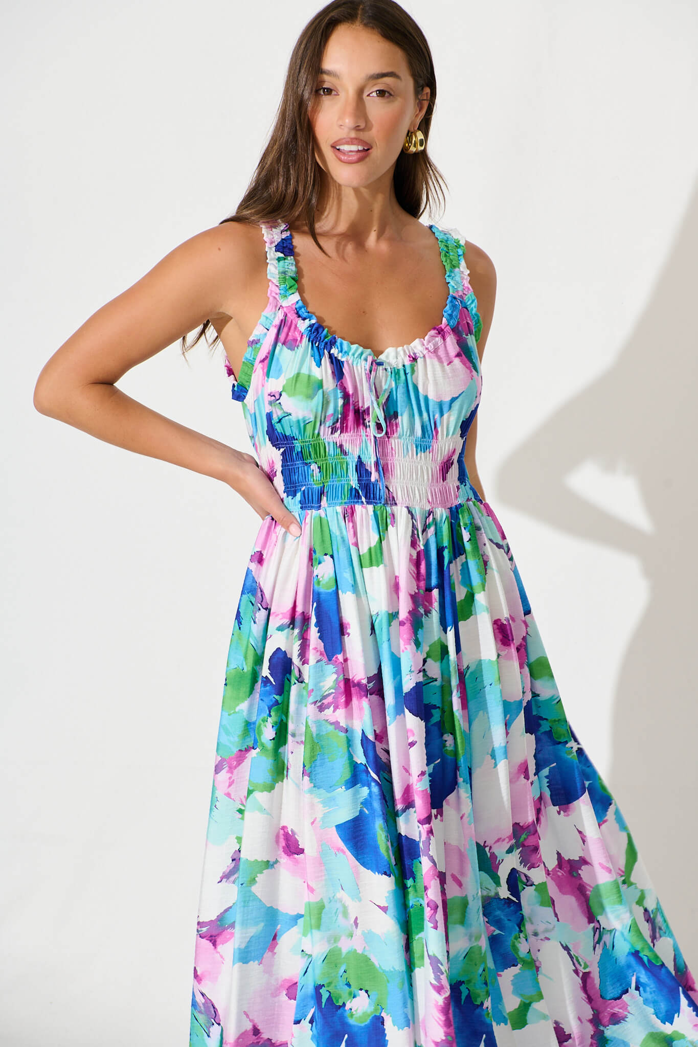 Valentina Maxi Sundress In White With Blue Multi Floral