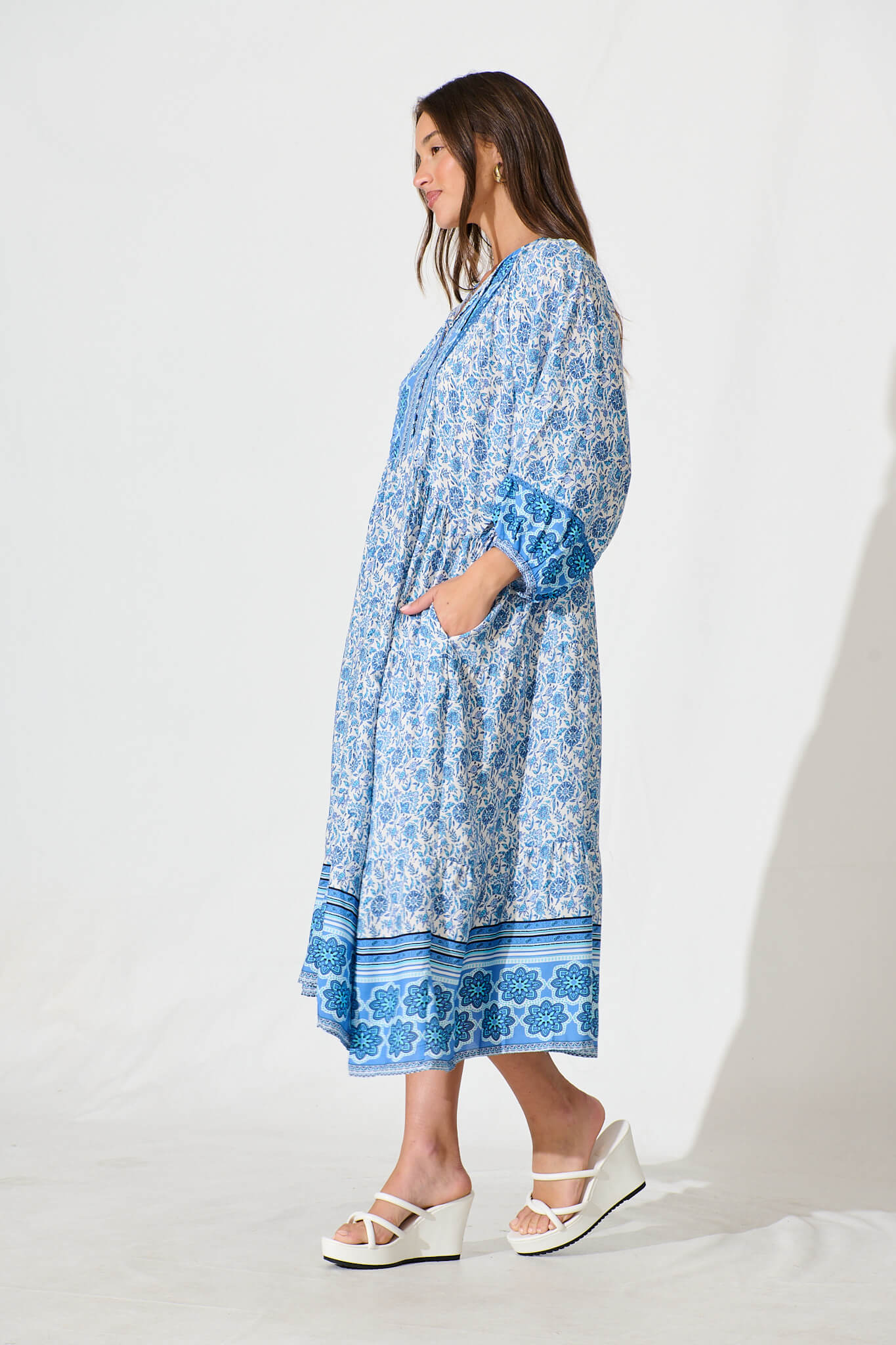 Barrymore Midi Smock Dress in Blue and White Print