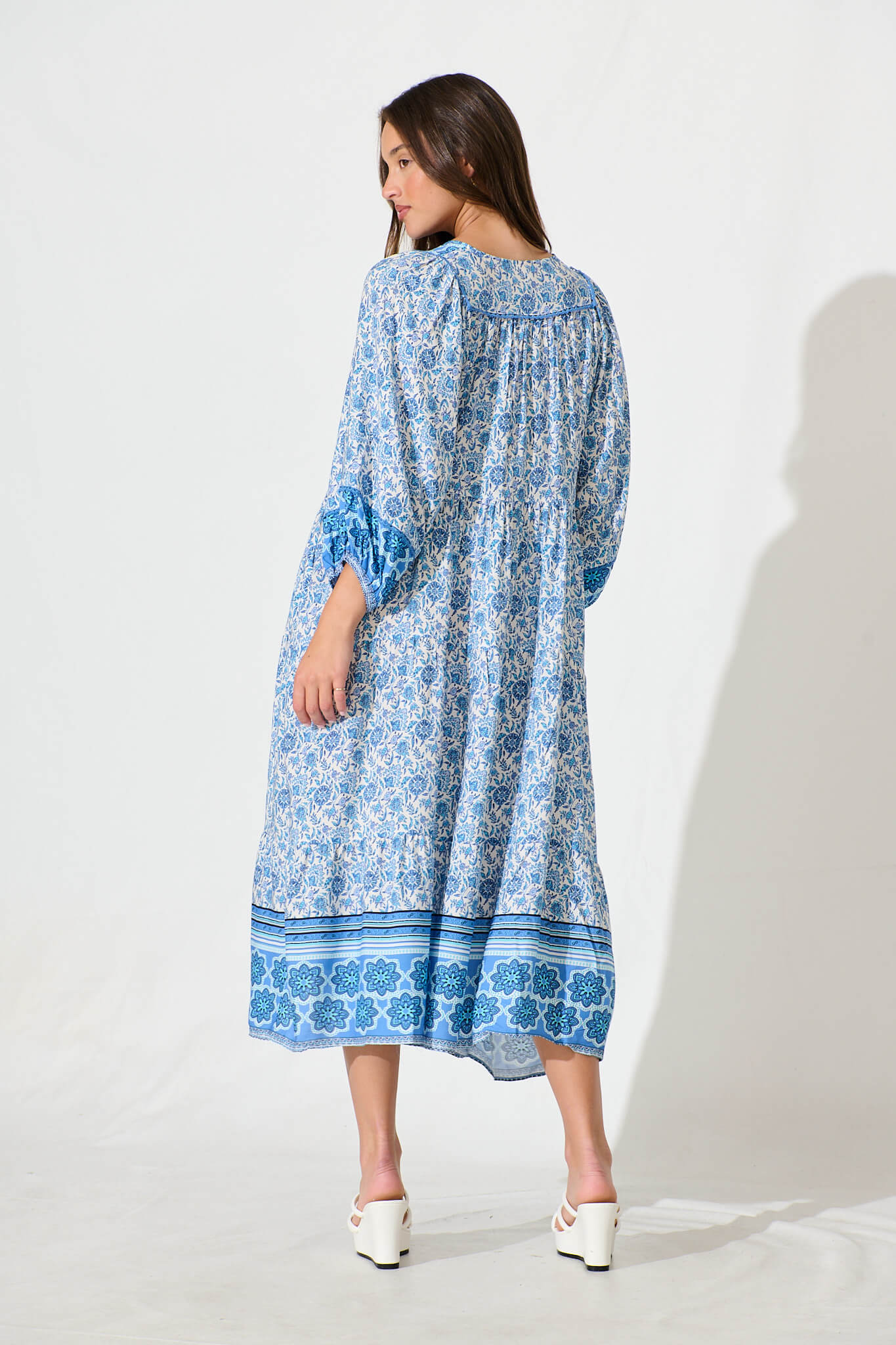 Barrymore Midi Smock Dress in Blue and White Print