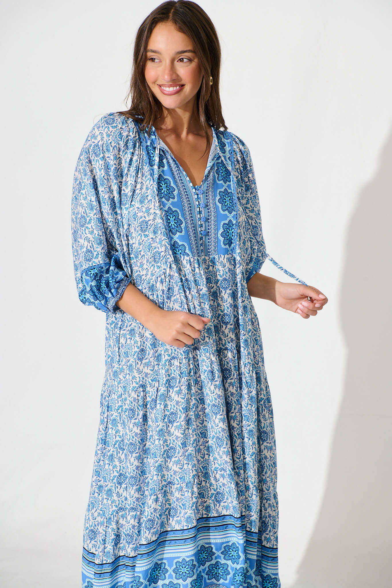 Barrymore Midi Smock Dress in Blue and White Print