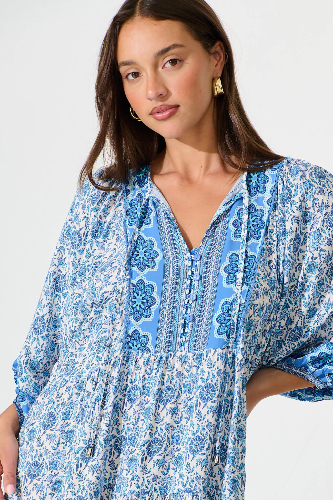 Barrymore Midi Smock Dress in Blue and White Print