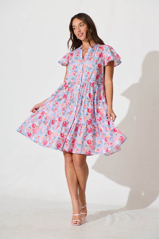 Sweet Pea Smock Dress in Pale Blue with Pink Floral Cotton