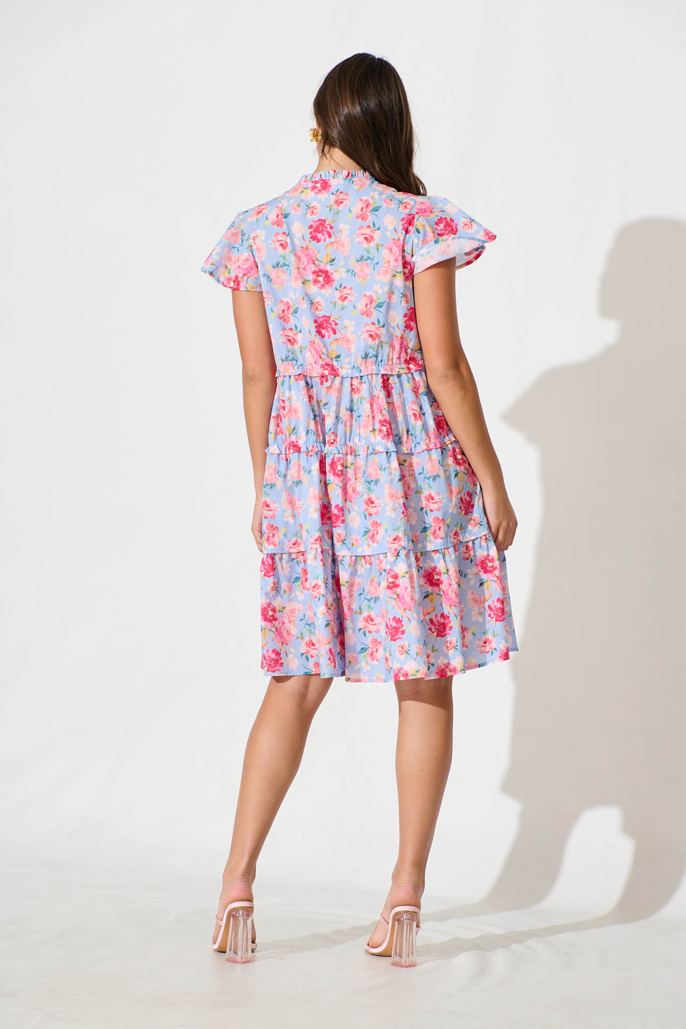Sweet Pea Smock Dress in Pale Blue with Pink Floral Cotton