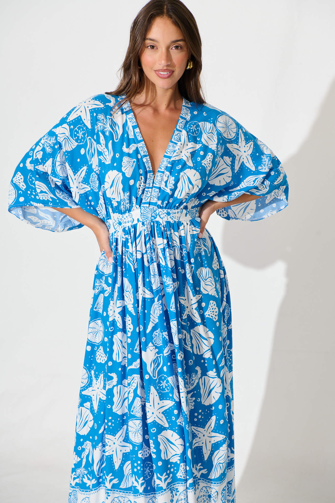 Break Free Maxi Dress In Blue and White Shell Print