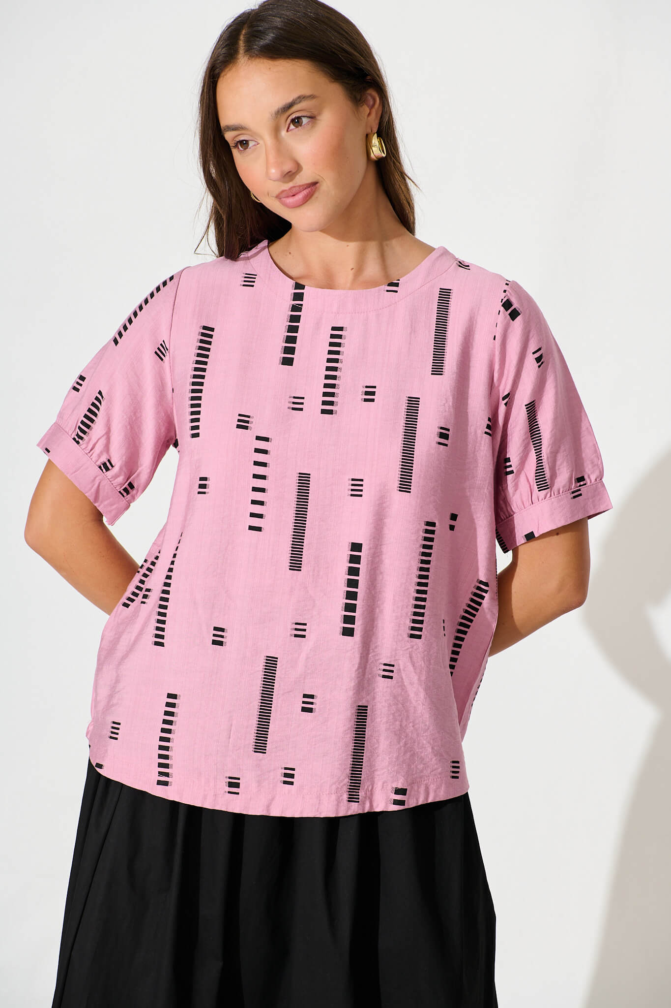 Larsson Top In Pink With Black Print Cotton Blend