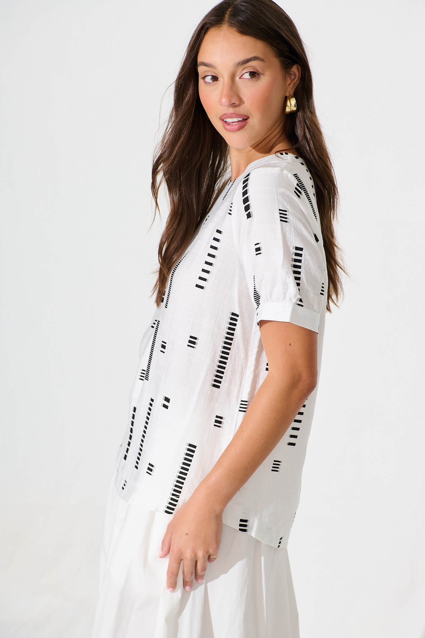 Larsson Top In White with Black Print Cotton Blend