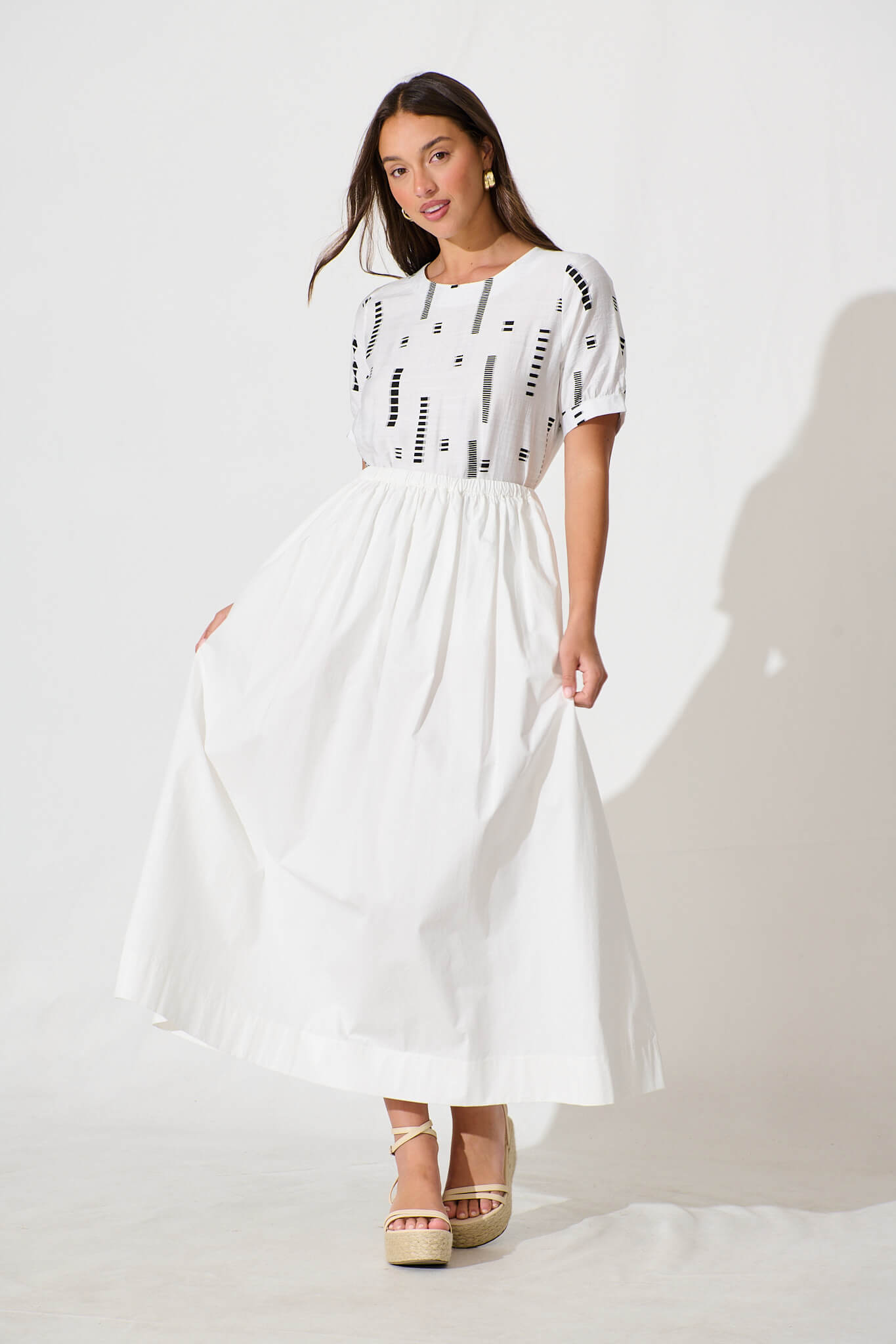 Larsson Top In White with Black Print Cotton Blend