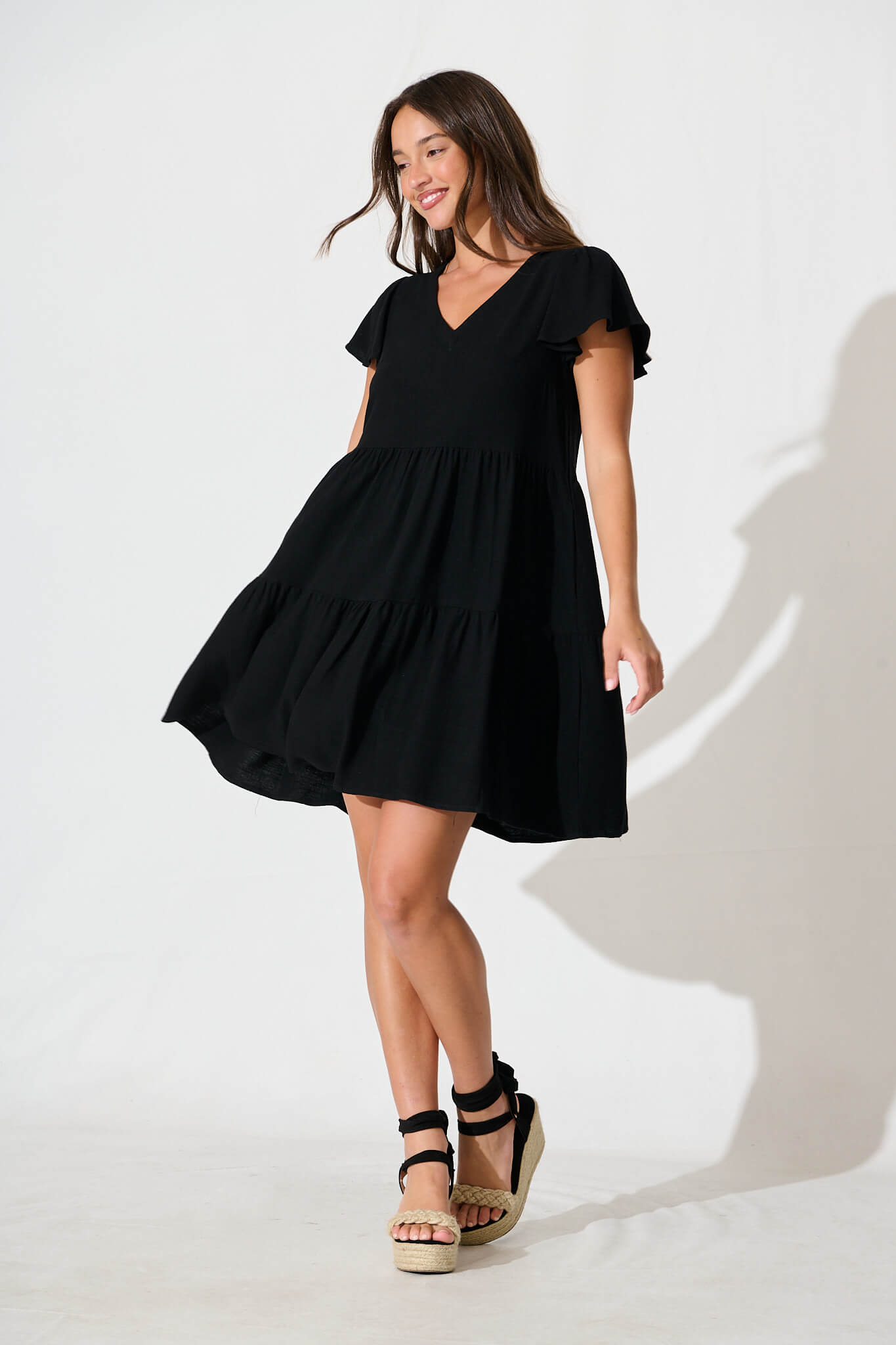 Tahiti Smock Dress In Black Linen Blend
