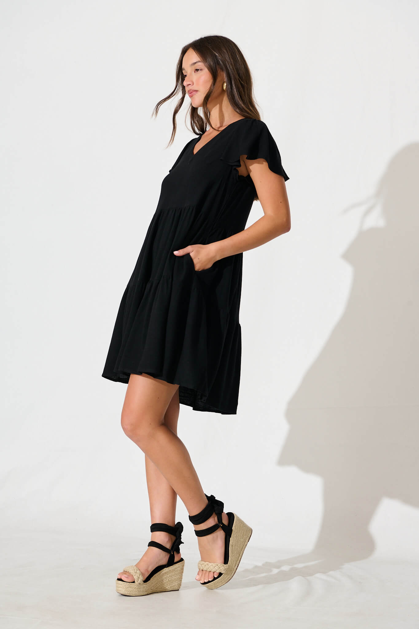 Tahiti Smock Dress In Black Linen Blend