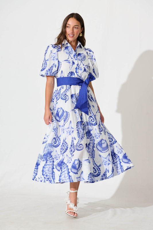 Cacia Maxi Shirt Dress In White With Blue Print Linen Blend