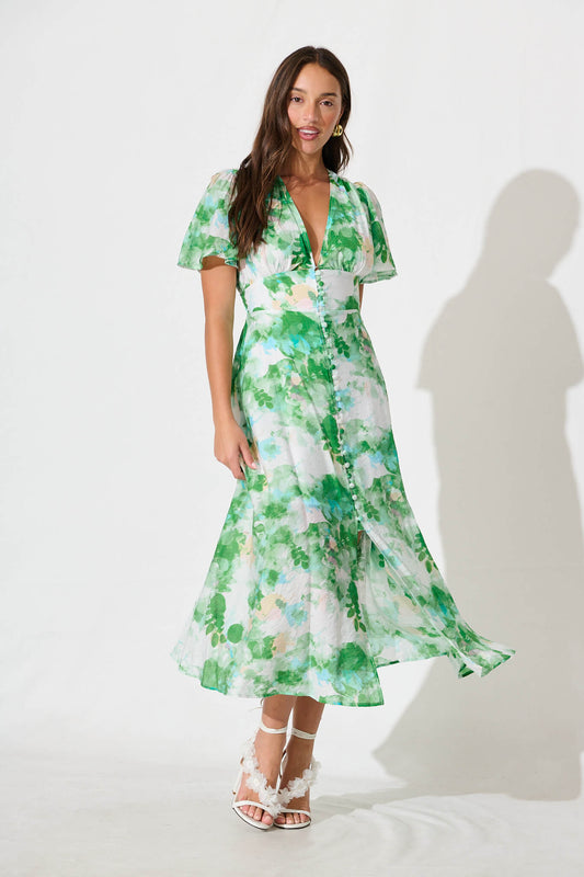 Lovelight Midi Dress in White with Green Floral