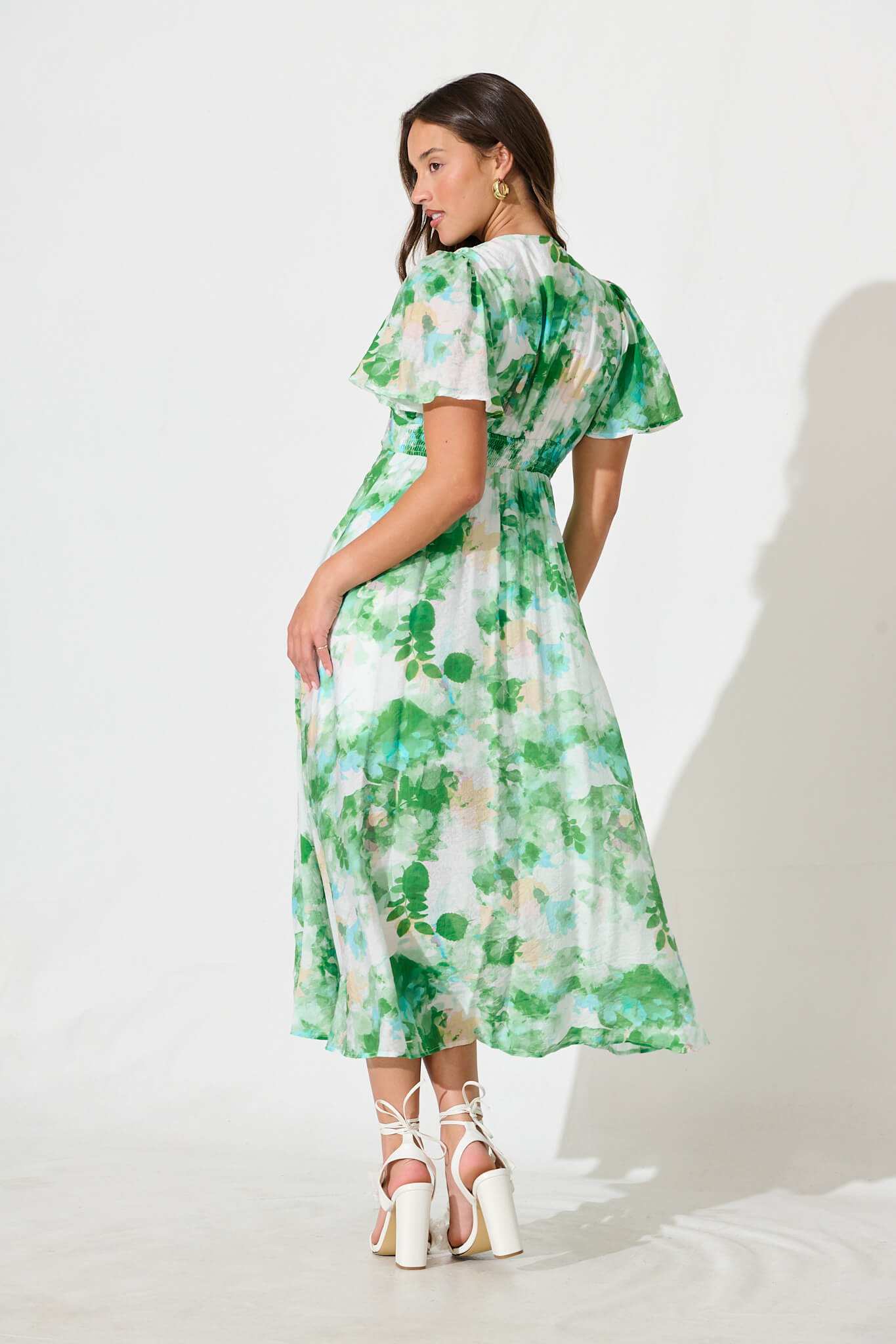 Lovelight Midi Dress in White with Green Floral