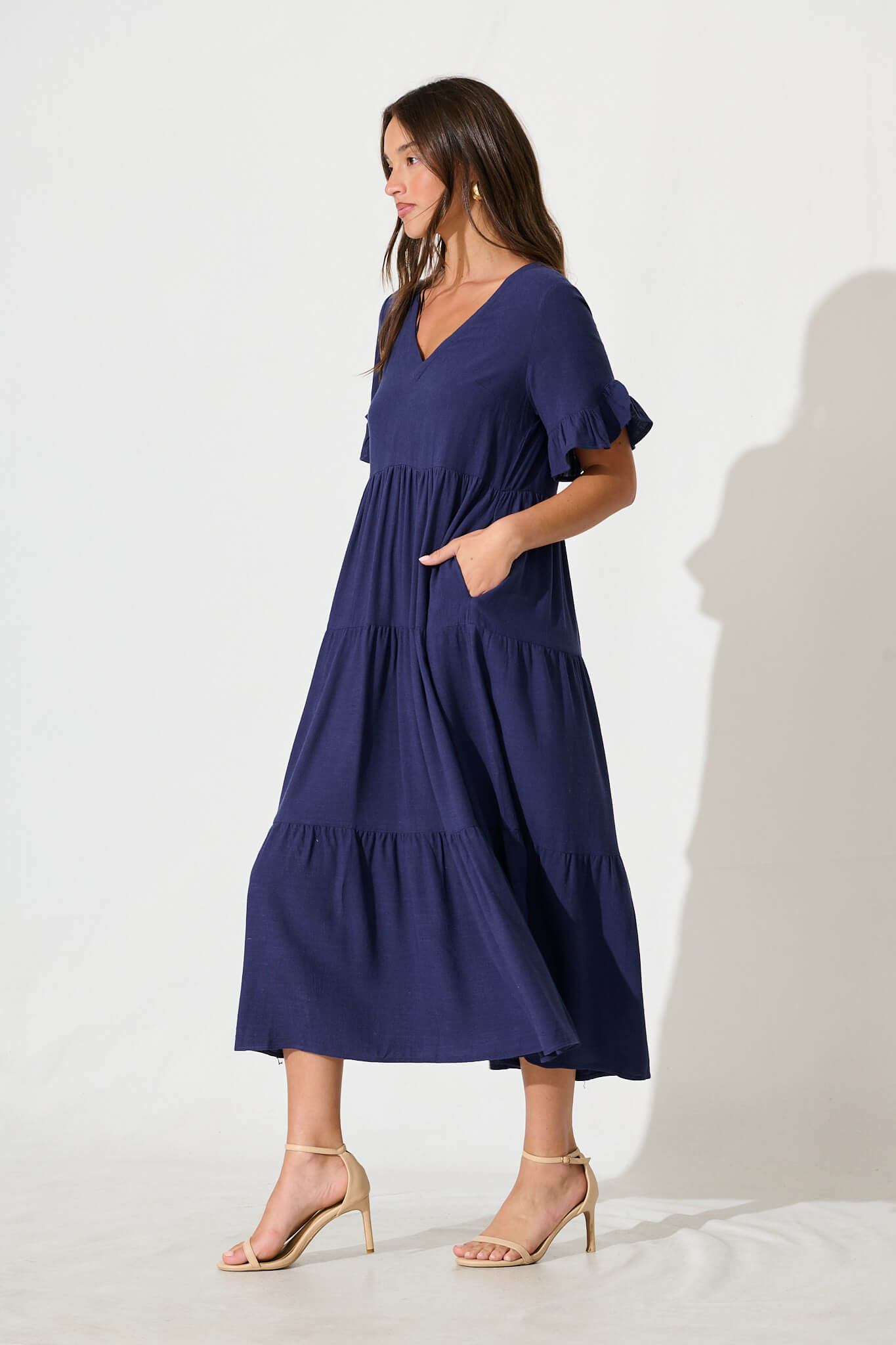 Kristen Midi Smock Dress In Navy Linen Blend